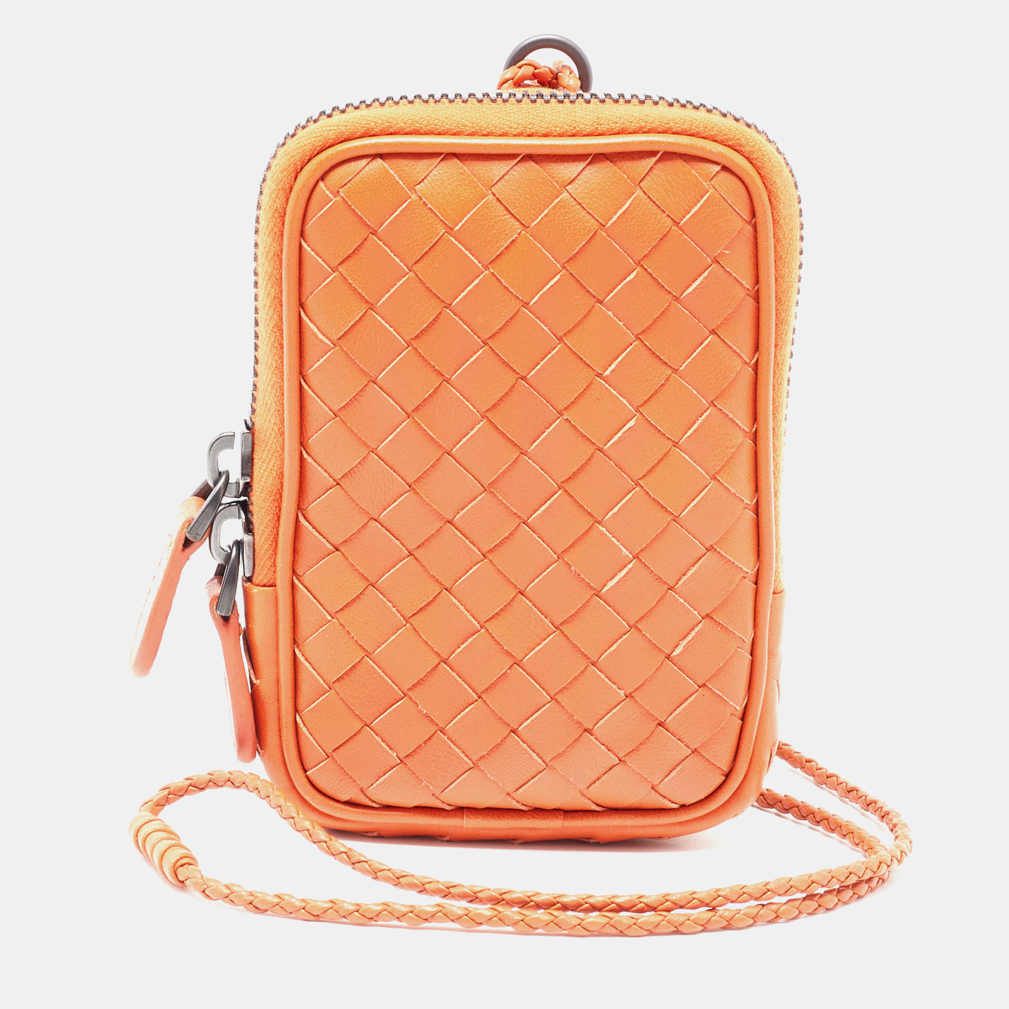 

Bottega Veneta Orange Intrecciato Leather Zip Strap Pouch