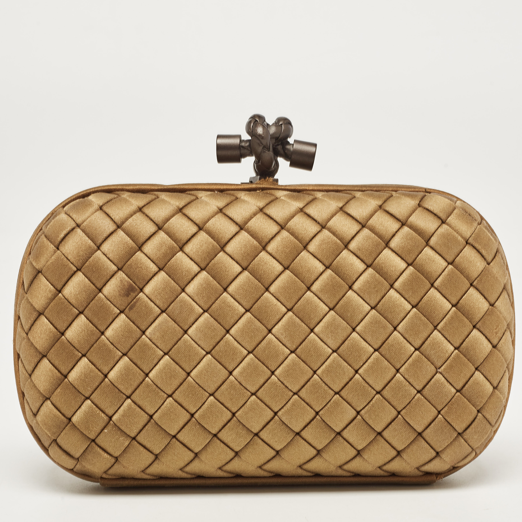 Pre Owned Bottega Veneta Brown Intrecciato Satin Knot Clutch