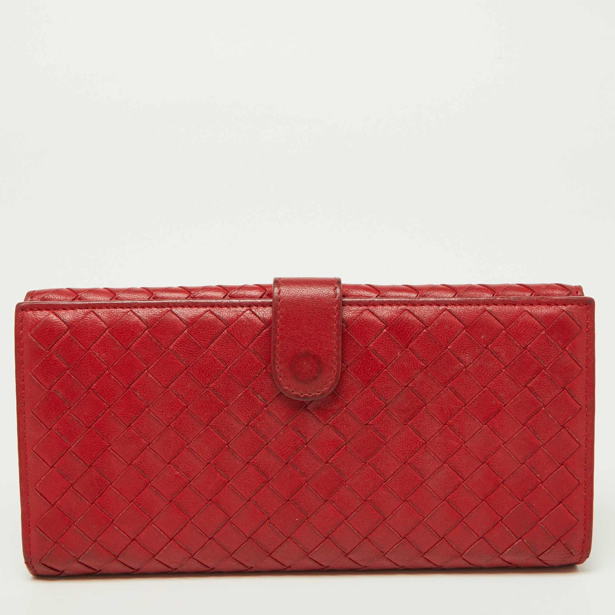 Pre-owned Bottega Veneta Red Intrecciato Leather Flap Continental Wallet