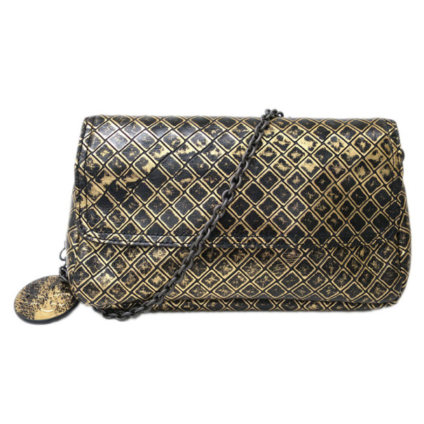 Pre Owned Bottega Veneta Black and Gold Intrecciomirage Leather Chain Shoulder Bag