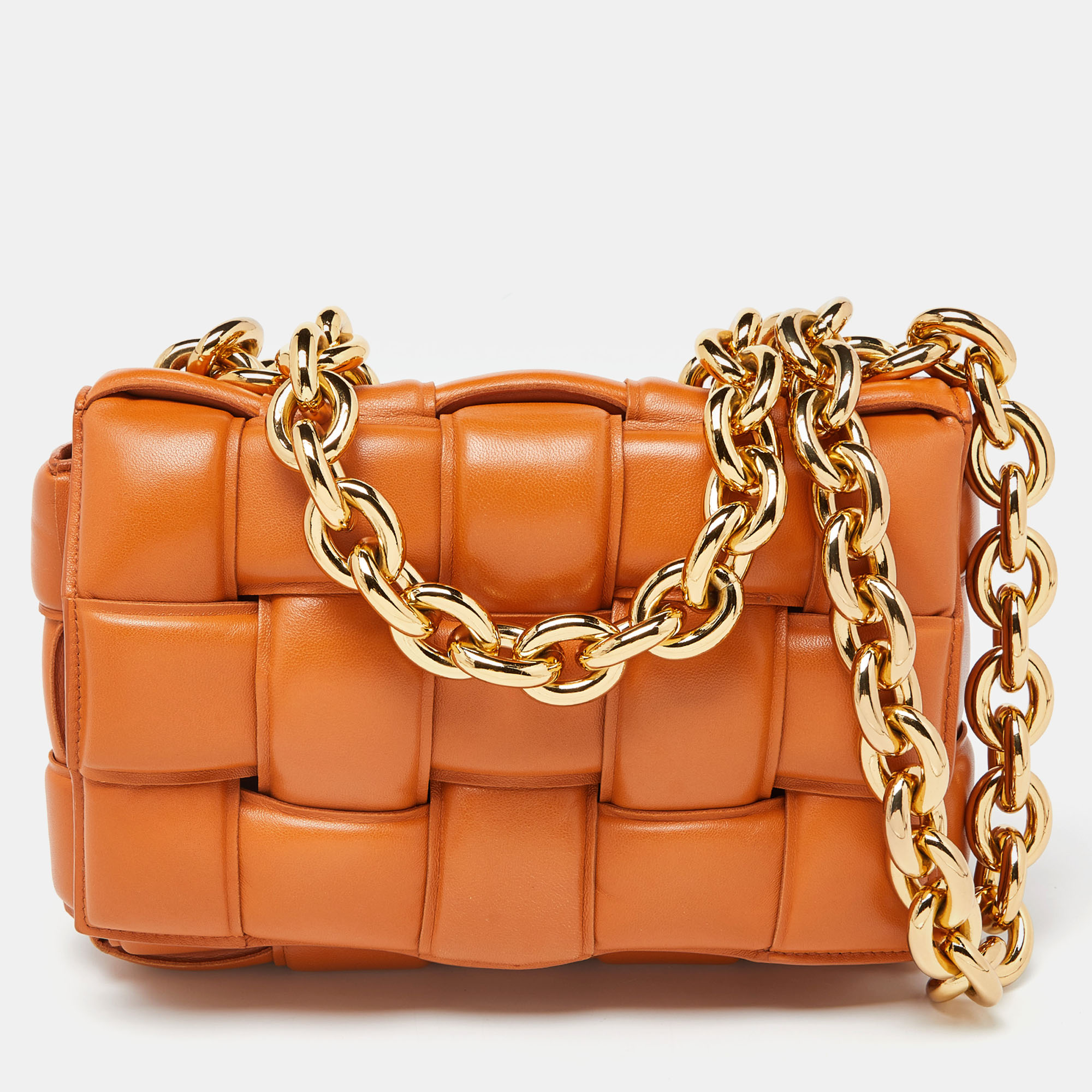 Pre-owned Bottega Veneta Pale Orange Leather Chain Cassette Top Handle Bag