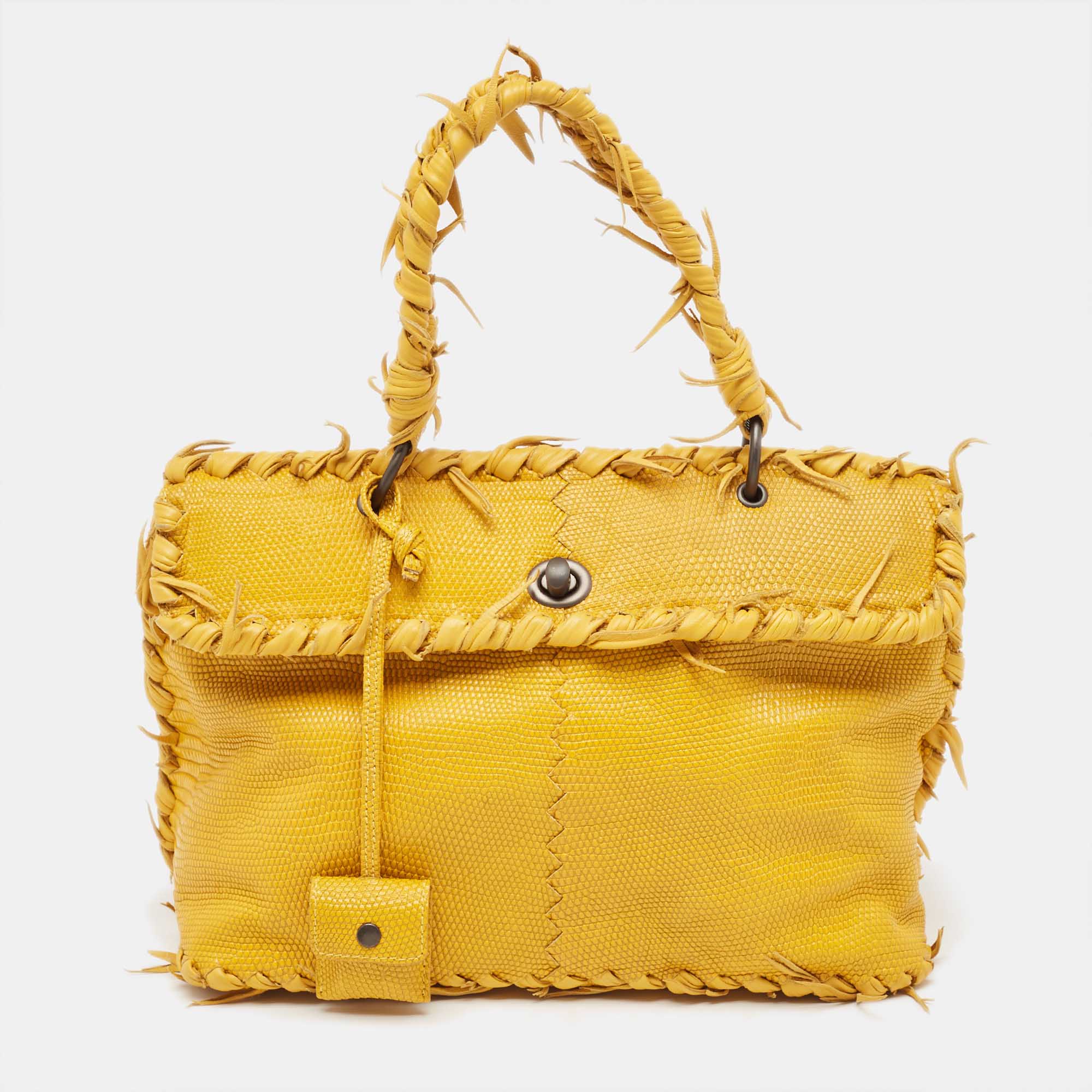 Pre-owned Bottega Veneta Yellow Lizard Turnlock Flap Top Handle Bag