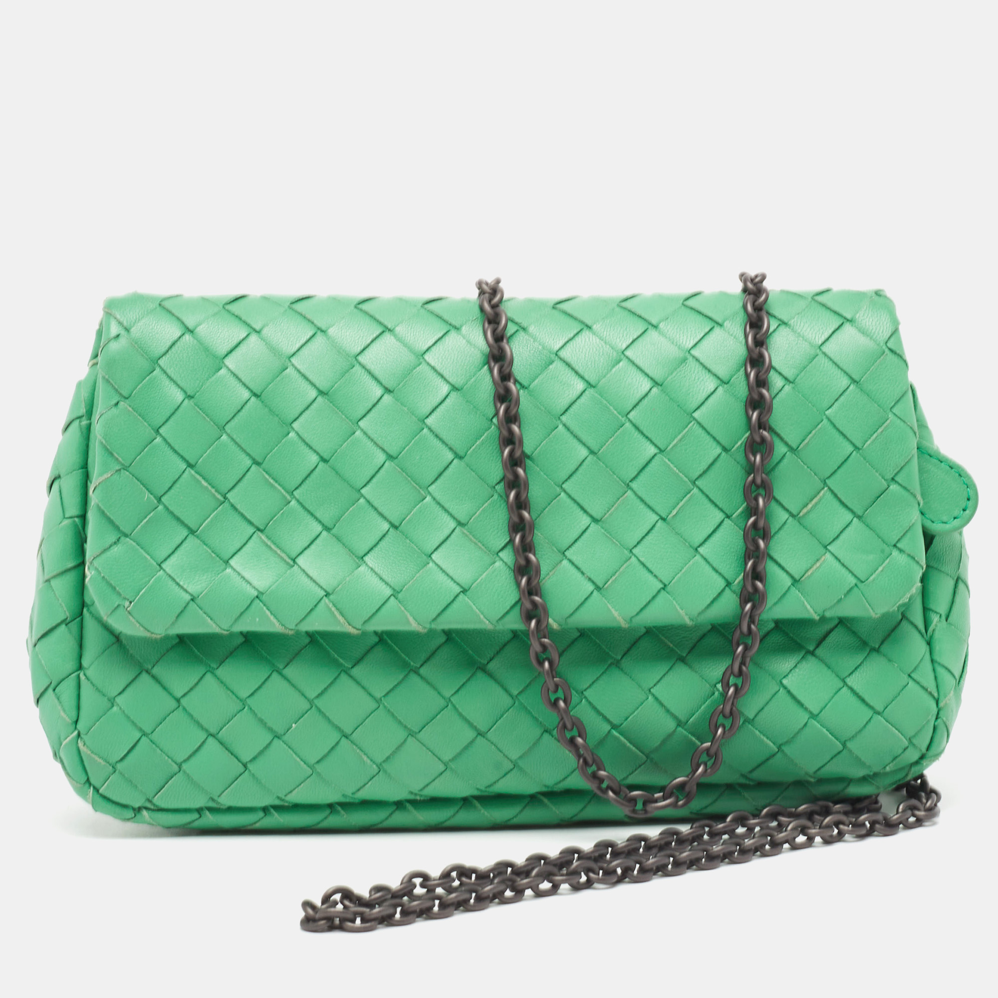Pre-owned Bottega Veneta Green Intrecciato Leather Mini Flap Chain Crossbody Bag