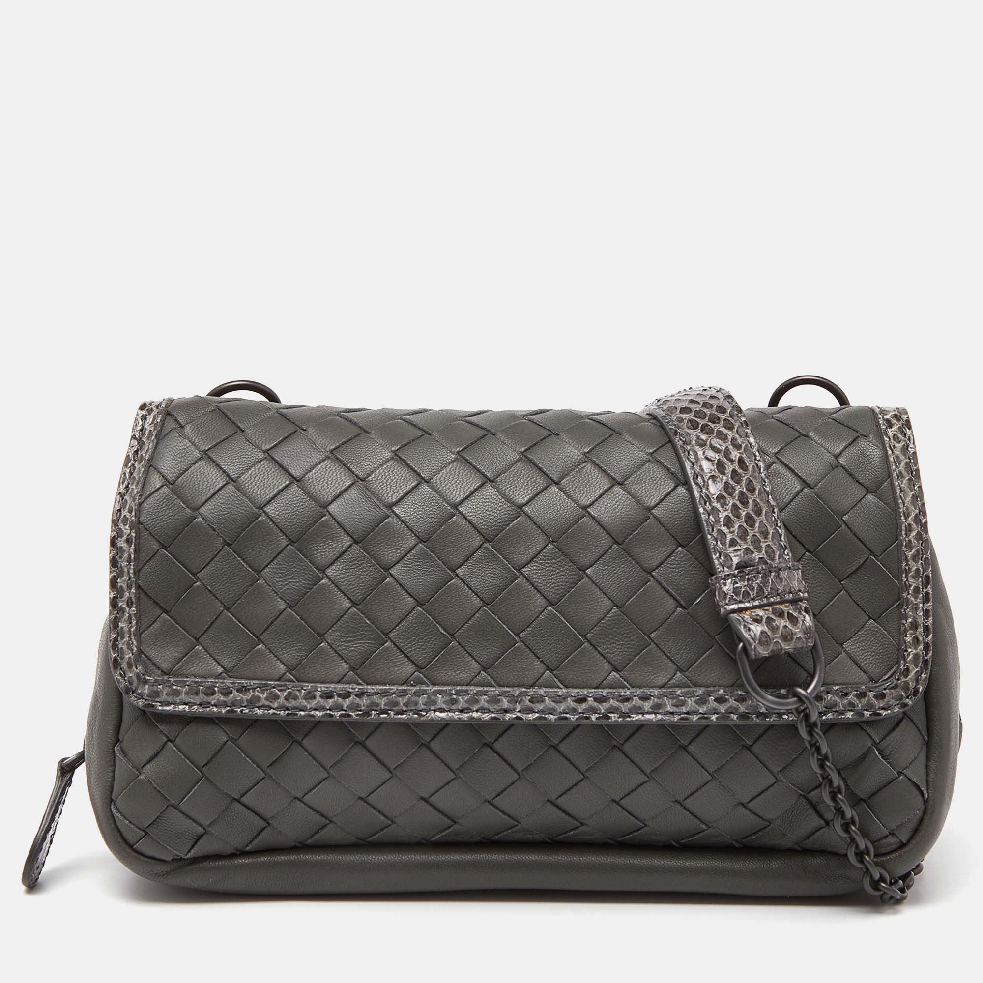 Pre-owned Bottega Veneta Grey Intreccaito Leather And Snakeskin Leather Olimpia Chain Bag