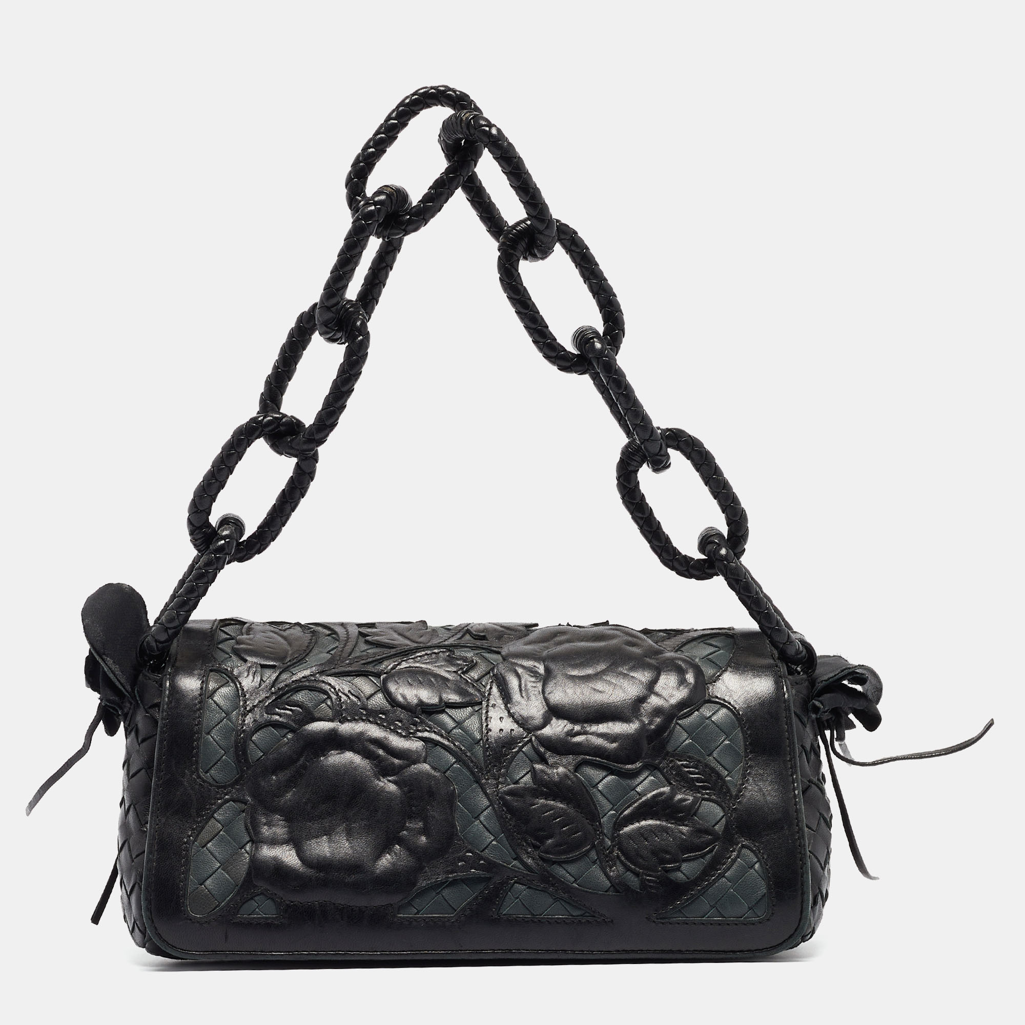 Pre-owned Bottega Veneta Black Intrecciato Leather Limited Edition 050/150 Floral Applique Sienna Bag