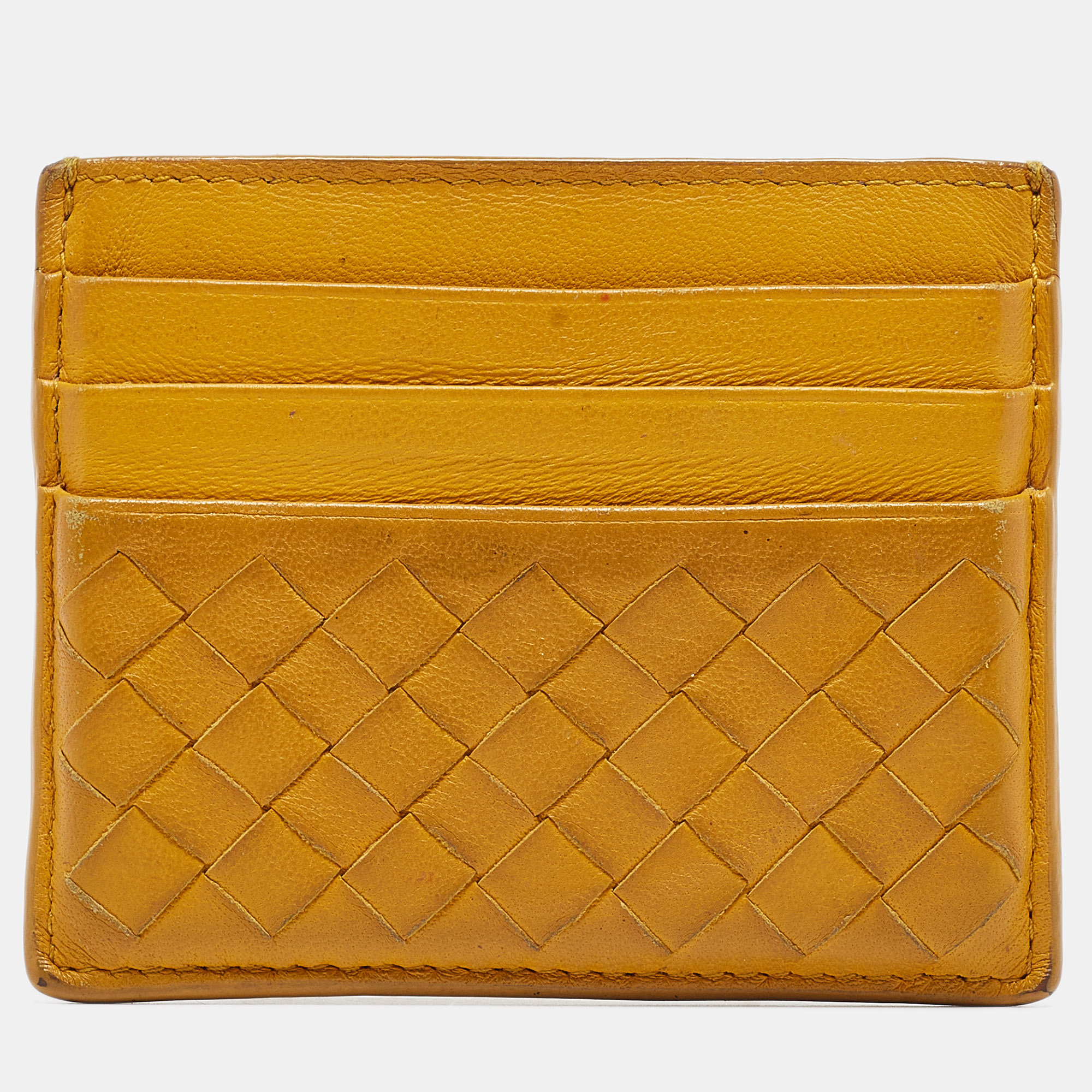 Pre-owned Bottega Veneta Mustard Intrecciato Leather Card Holder In Yellow