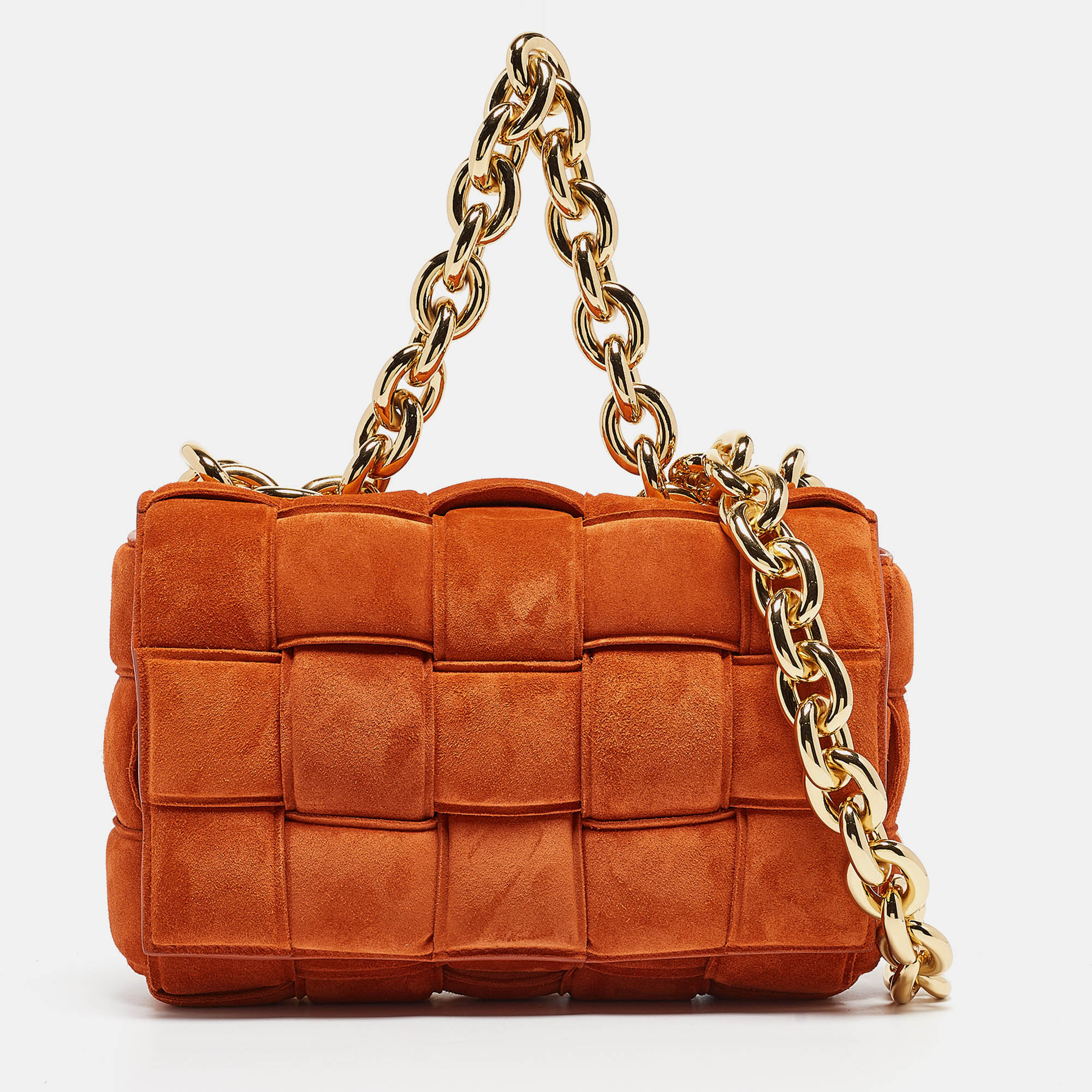 

Bottega Veneta Orange Padded Suede Chain Cassette Shoulder Bag