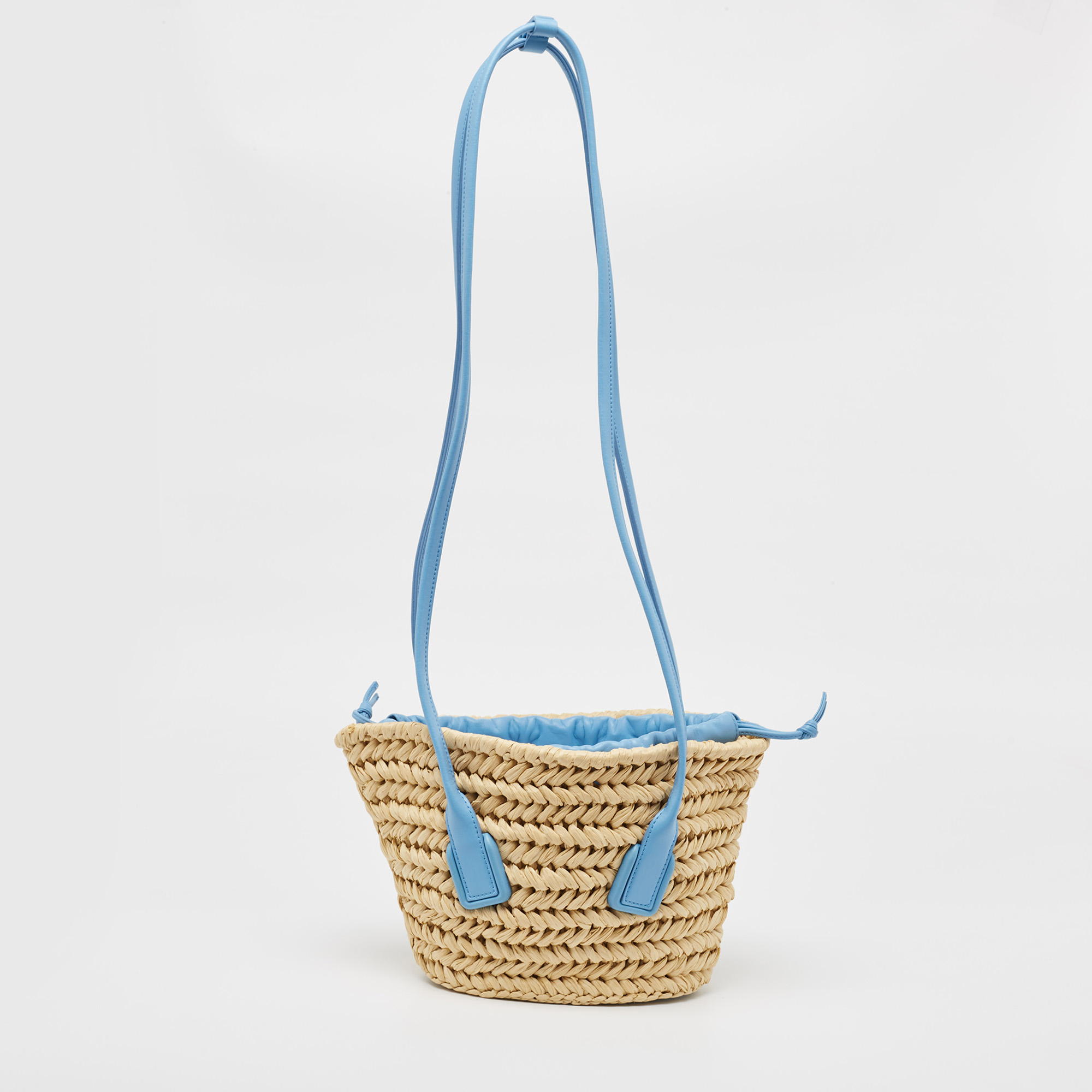 

Bottega Veneta Light Blue/Beige Raffia and Leather Small Arco Basket Bag