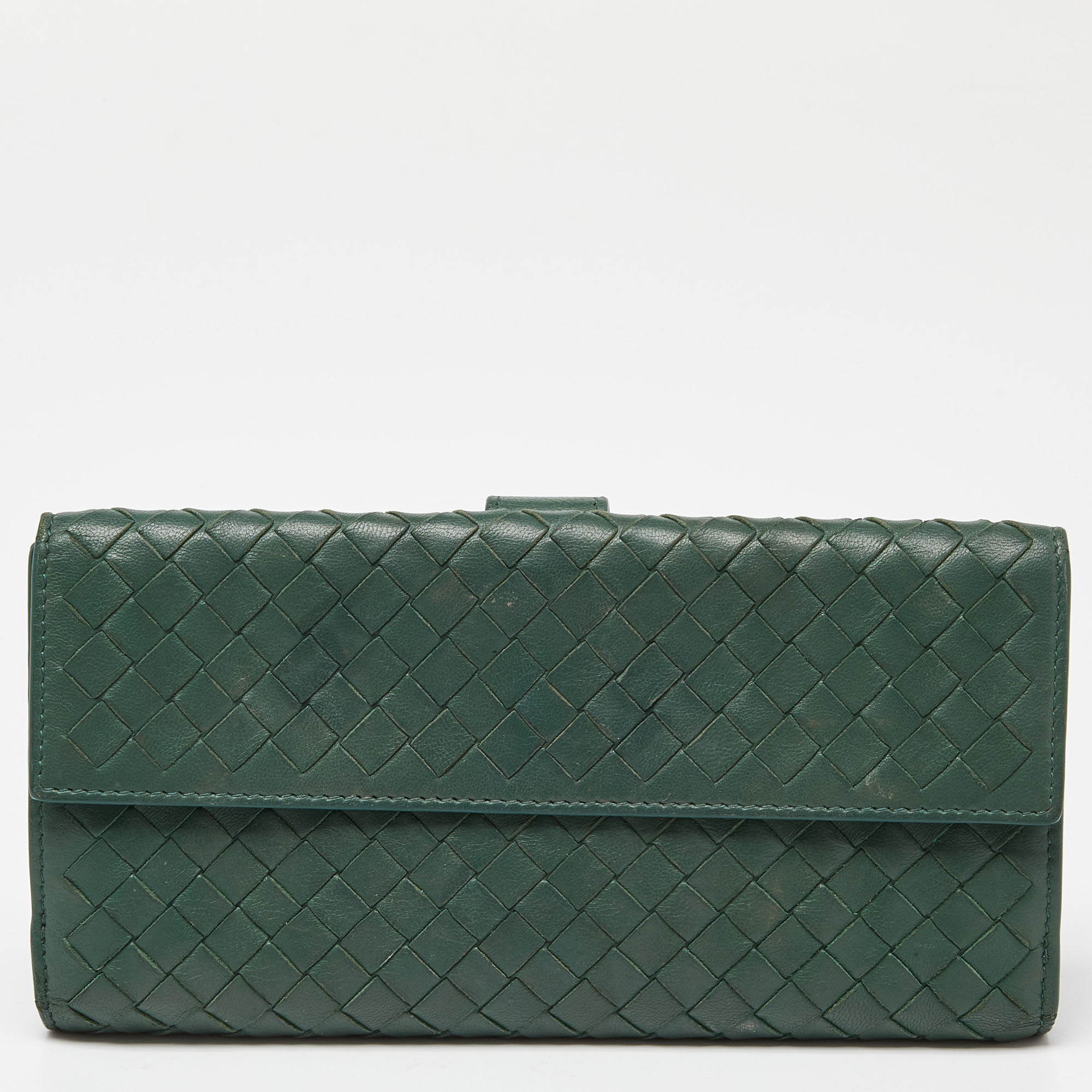 Pre-owned Bottega Veneta Green Intrecciato Leather Flap Continental Wallet