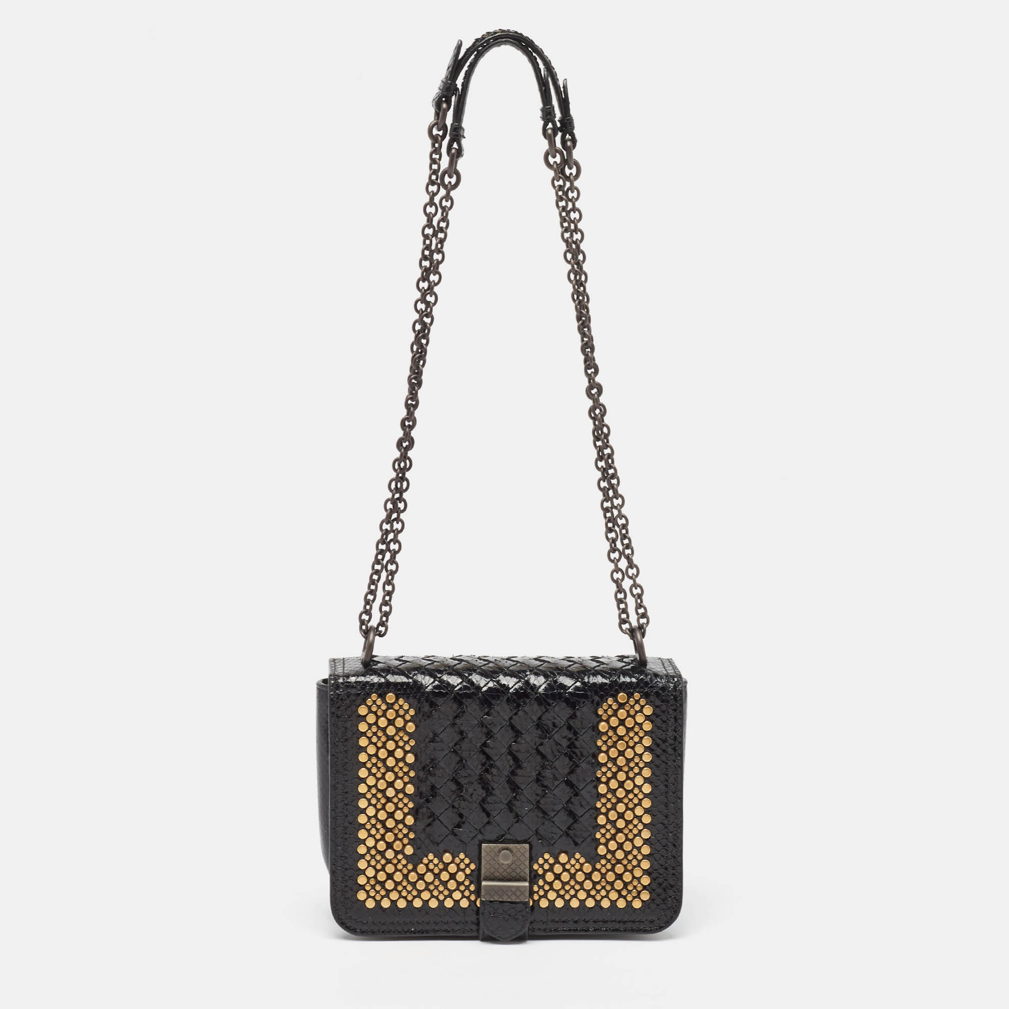 

Bottega Veneta Black/Gold Intrecciato Leather and Ayers Flap Chain Bag