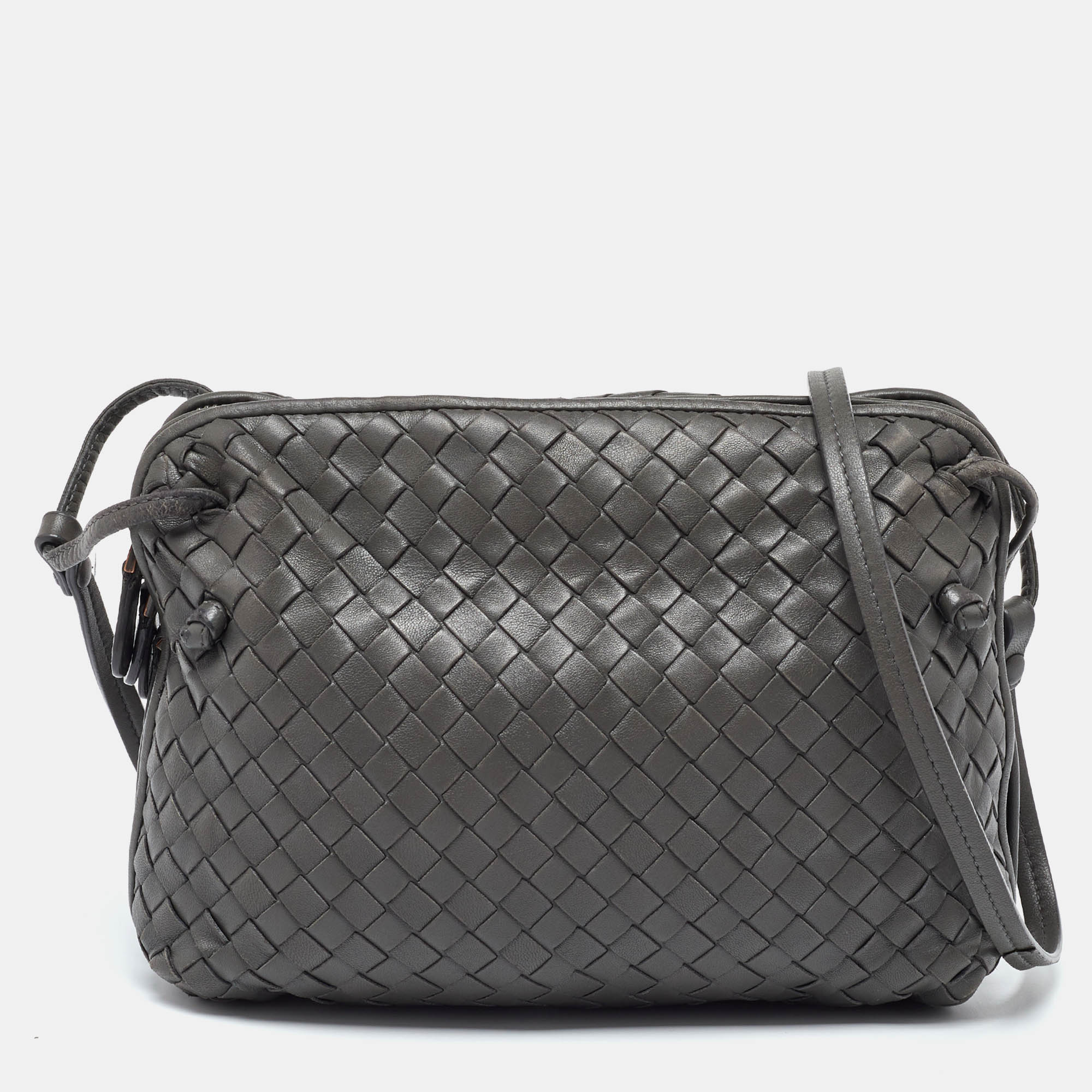 

Bottega Veneta Grey Intrecciato Leather Nodini Double Zip Crossbody Bag