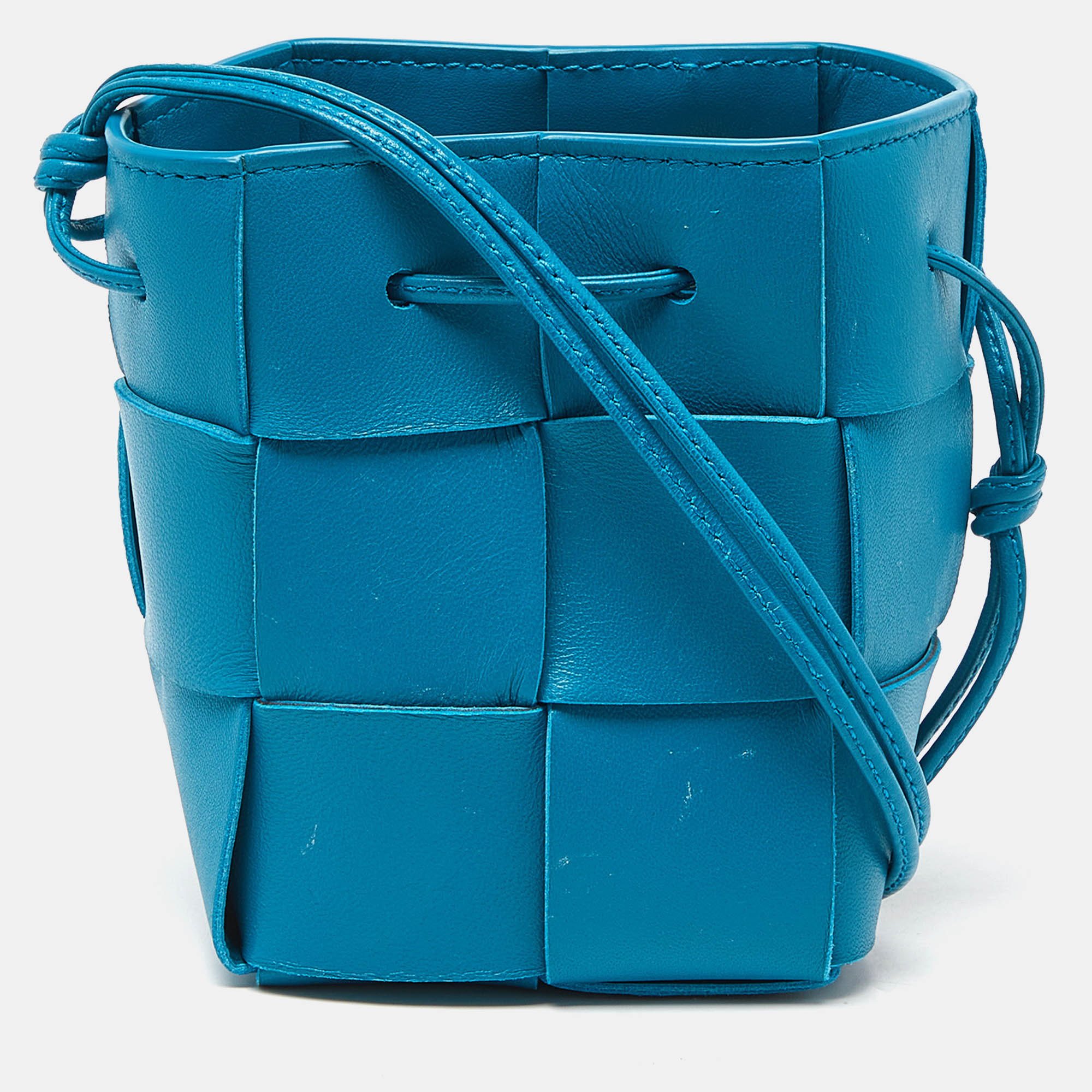 

Bottega Veneta Blue Intreccio Leather Mini Cassette Bucket Bag