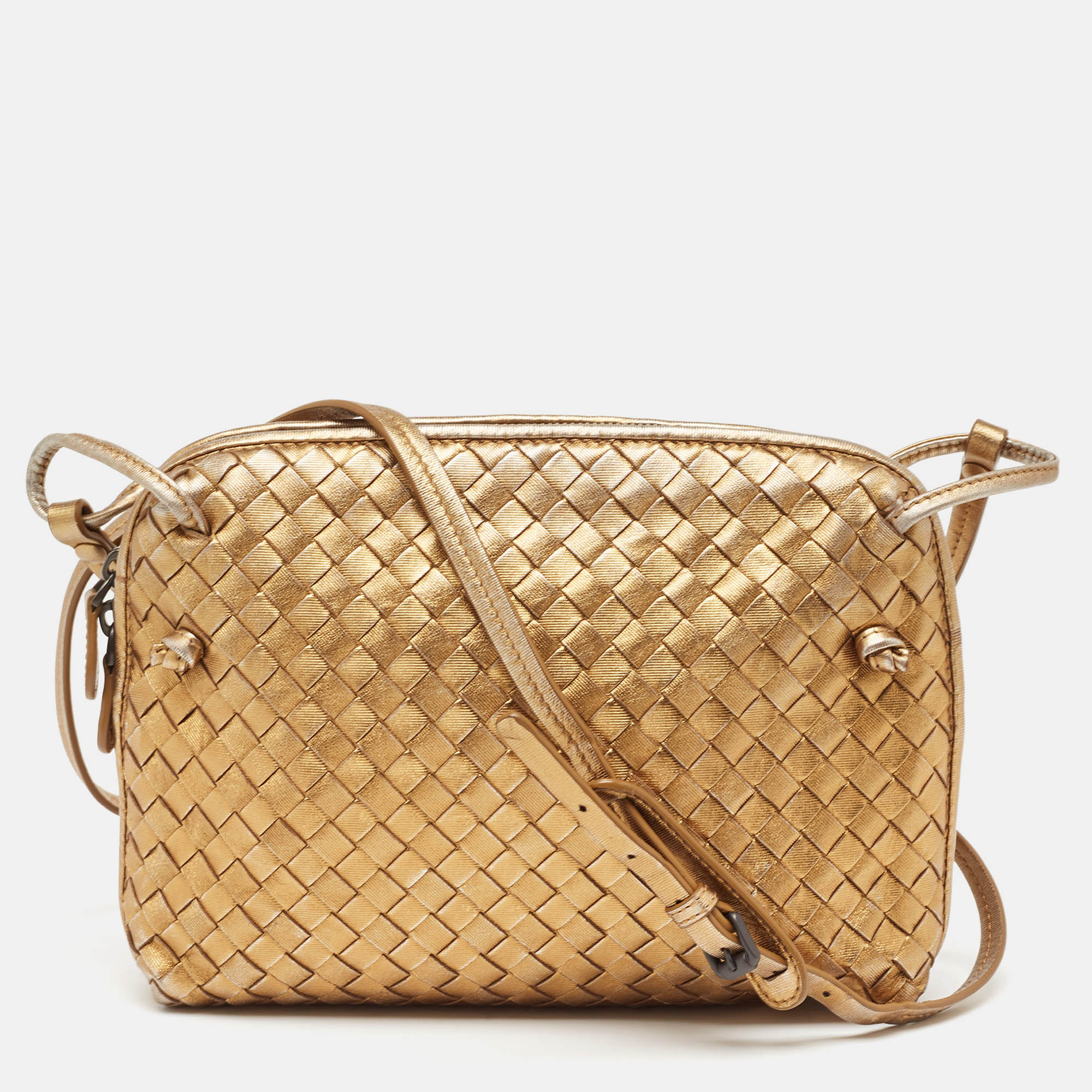 

Bottega Veneta Gold Intrecciato Leather Nodini Crossbody Bag