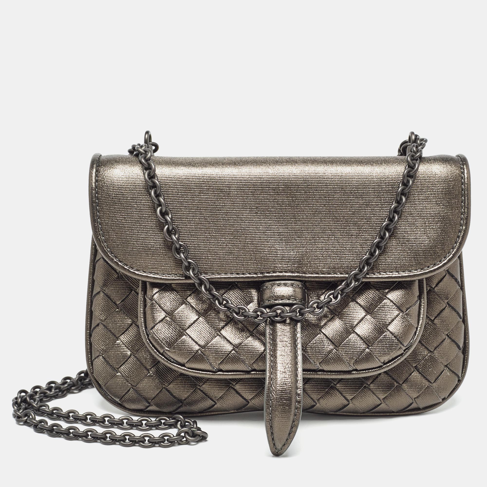 Pre-owned Bottega Veneta Metallic Intrecciato Leather Mini Chain Flap Bag