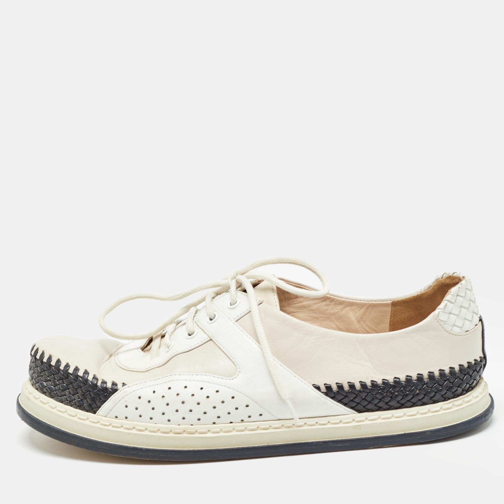 

Bottega Veneta Tricolor Woven Leather and Leather Lace Up Sneakers Size, Cream