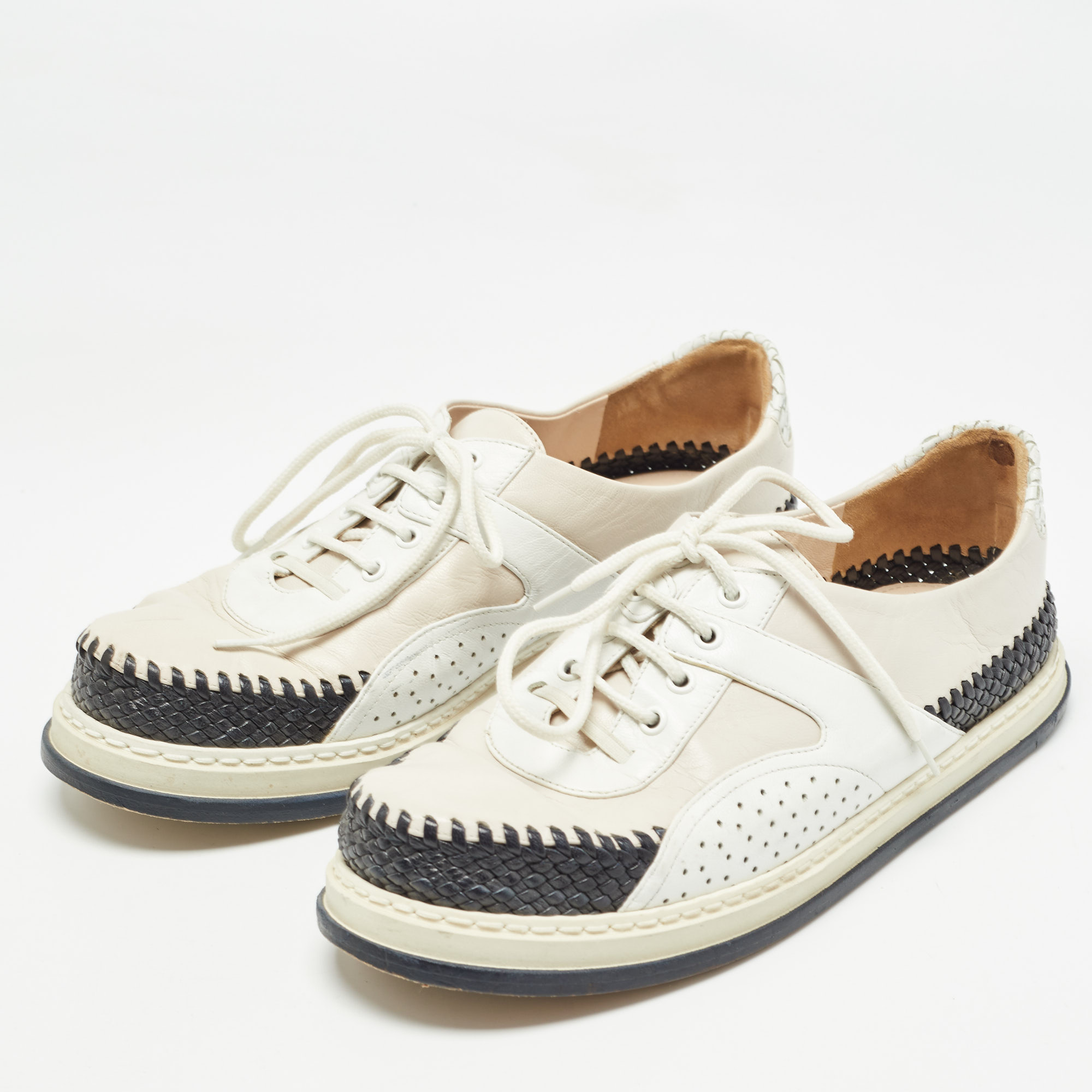 Bottega Veneta Tricolor Woven Leather and Leather Lace Up  Sneakers Size 37 