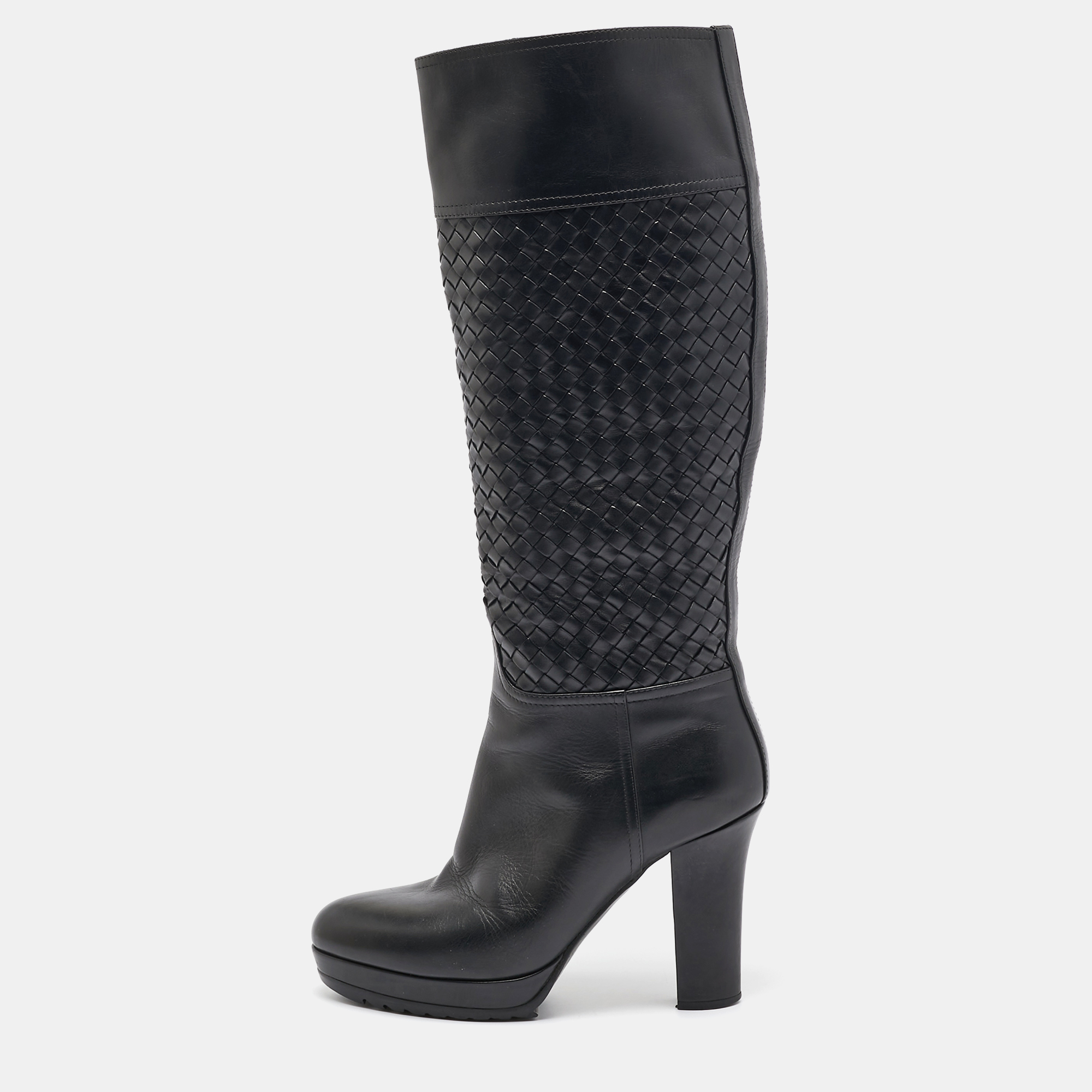 

Bottega Veneta Black Woven Leather Knee Length Boots Size