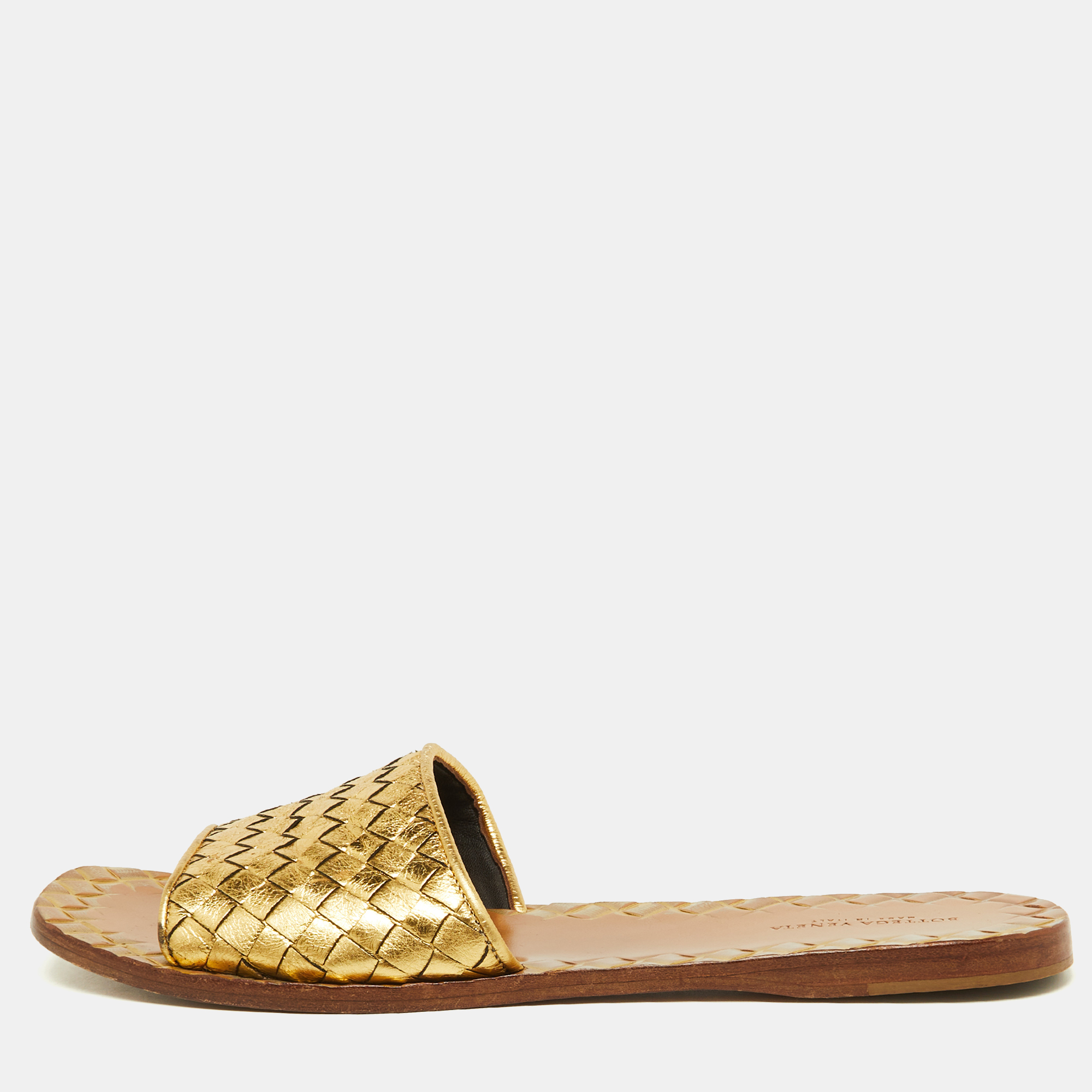 

Bottega Veneta Gold Intrecciato Leather Flat Slides Size
