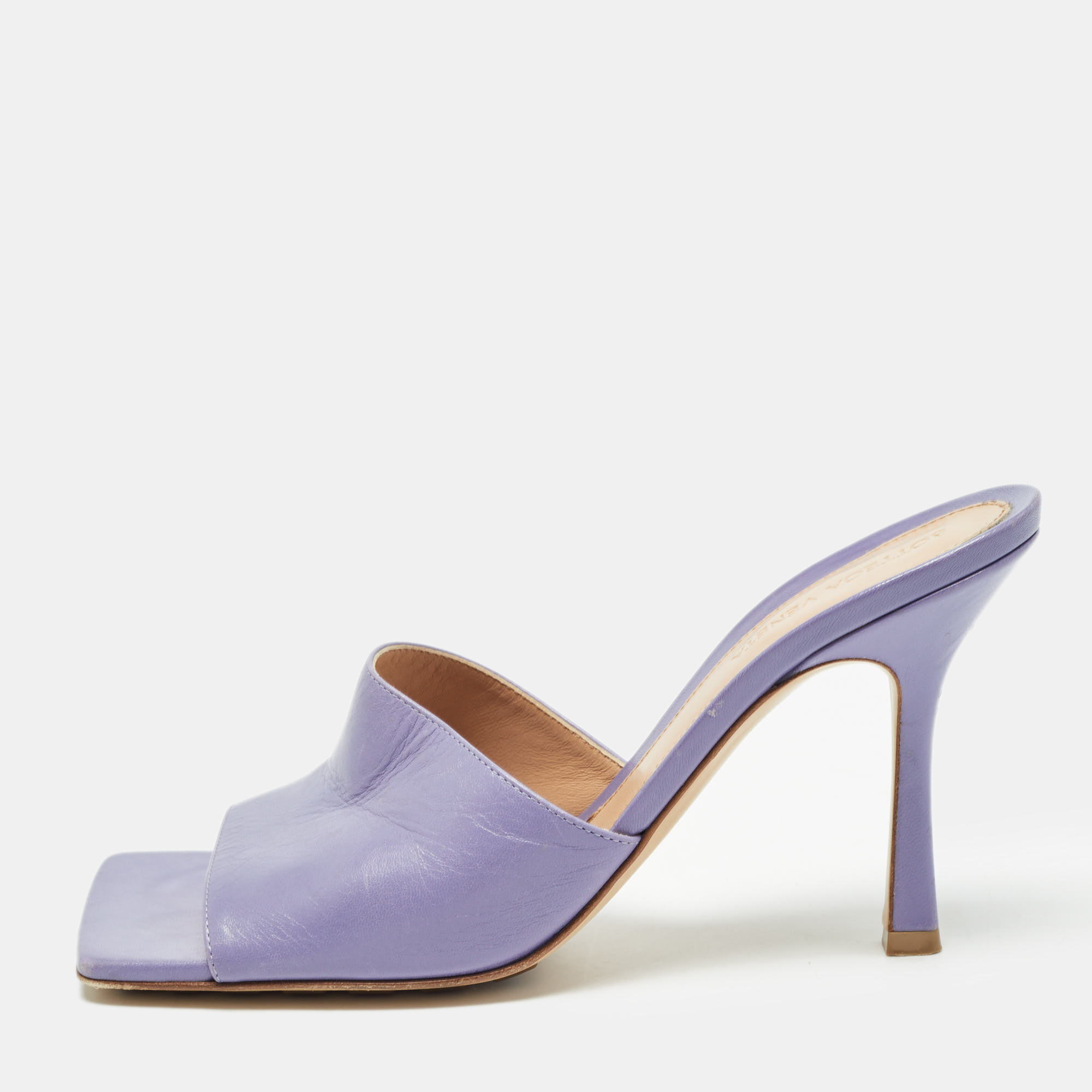 Pre-owned Bottega Veneta Purple Leather Square Toe Slide Sandals Size 39.5