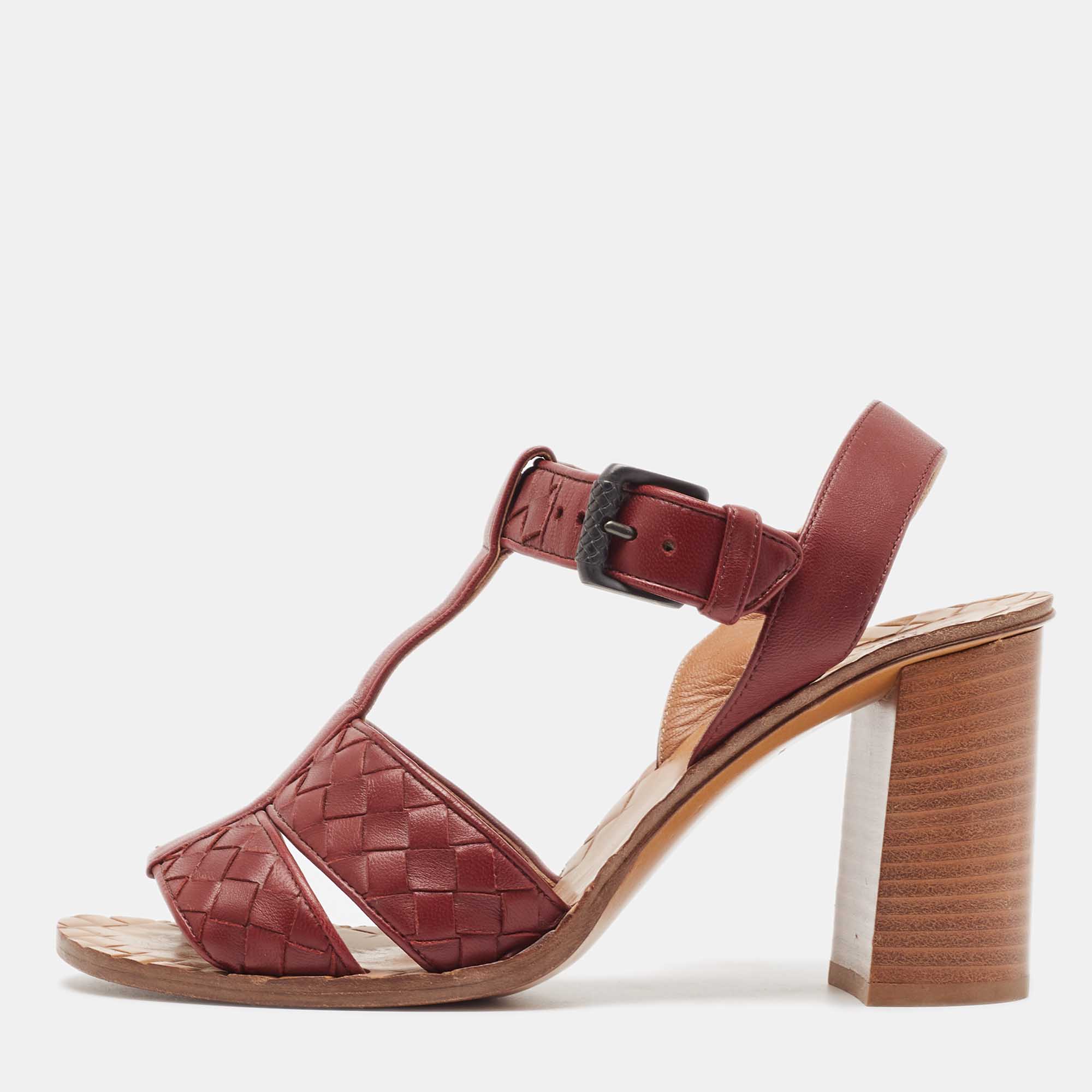 Pre-owned Bottega Veneta Burgundy Intrecciato Leather T-strap Sandals Size 37