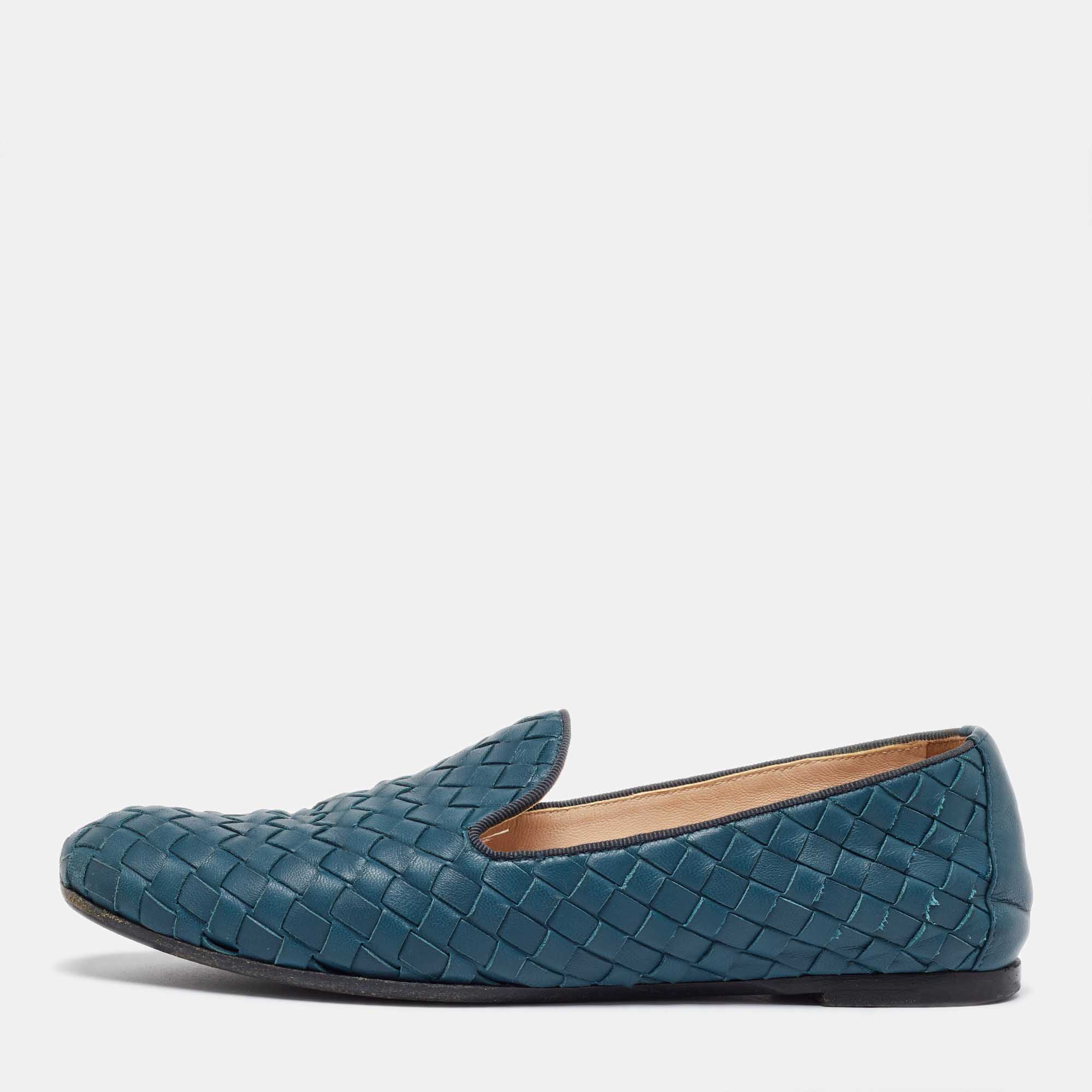 

Bottega Veneta Turquoise Blue Intrecciato Leather Smoking Slippers Size