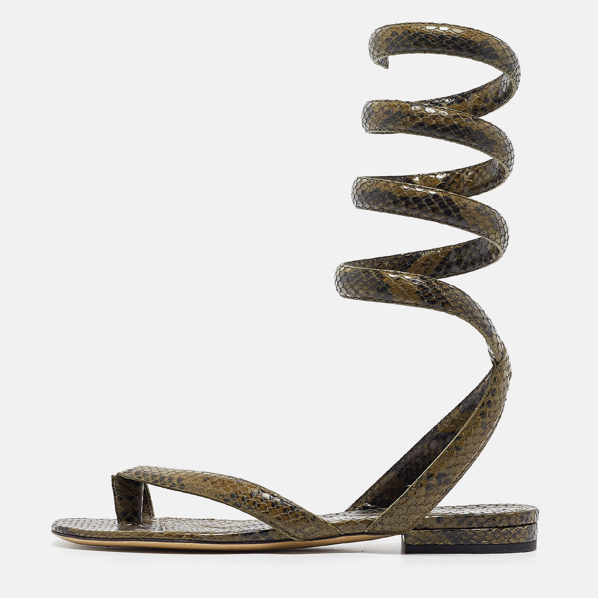 

Bottega Veneta Green Python Embossed Leather Ankle Strap Sandals