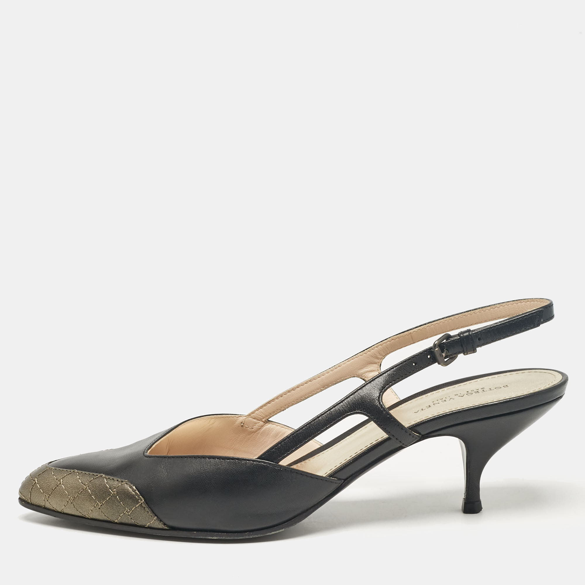 

Bottega Veneta Black/Metallic Leather Slingback Pumps Size