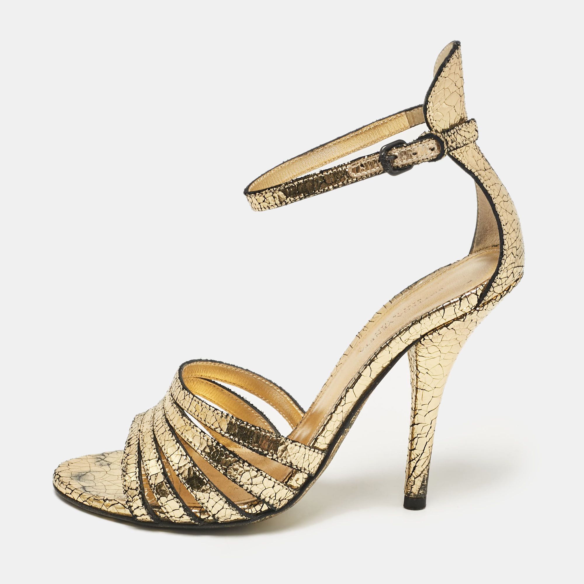 

Bottega Veneta Gold Laminated Suede Ankle Strap Sandals Size