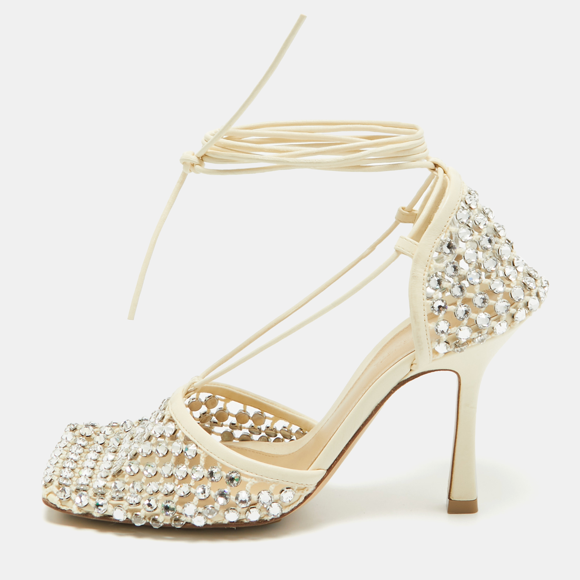 

Bottega Veneta Cream Crystal Embellished Mesh Stretch Ankle Tie Pumps Size