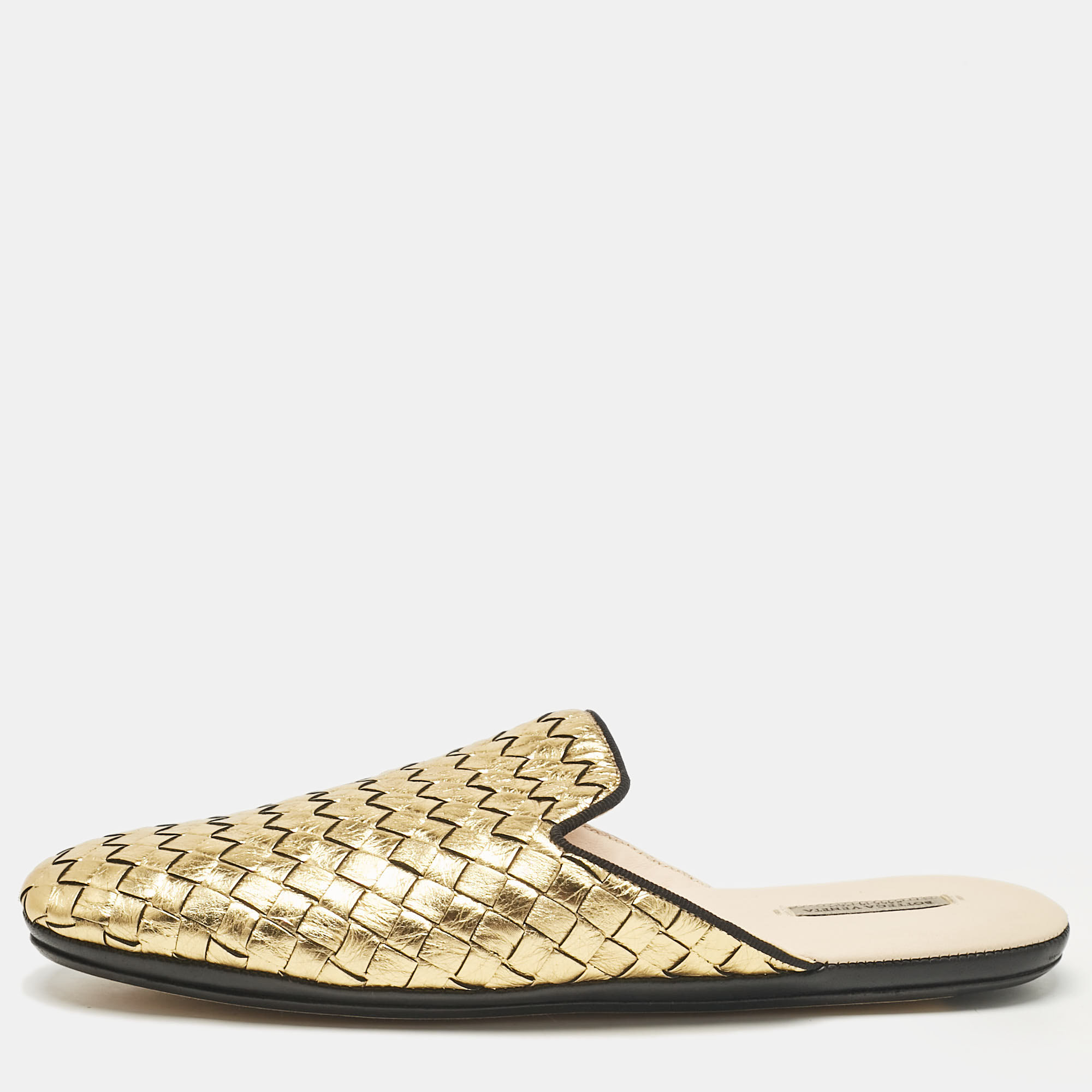 

Bottega Veneta Gold Woven Leather Fiandra Mules Size