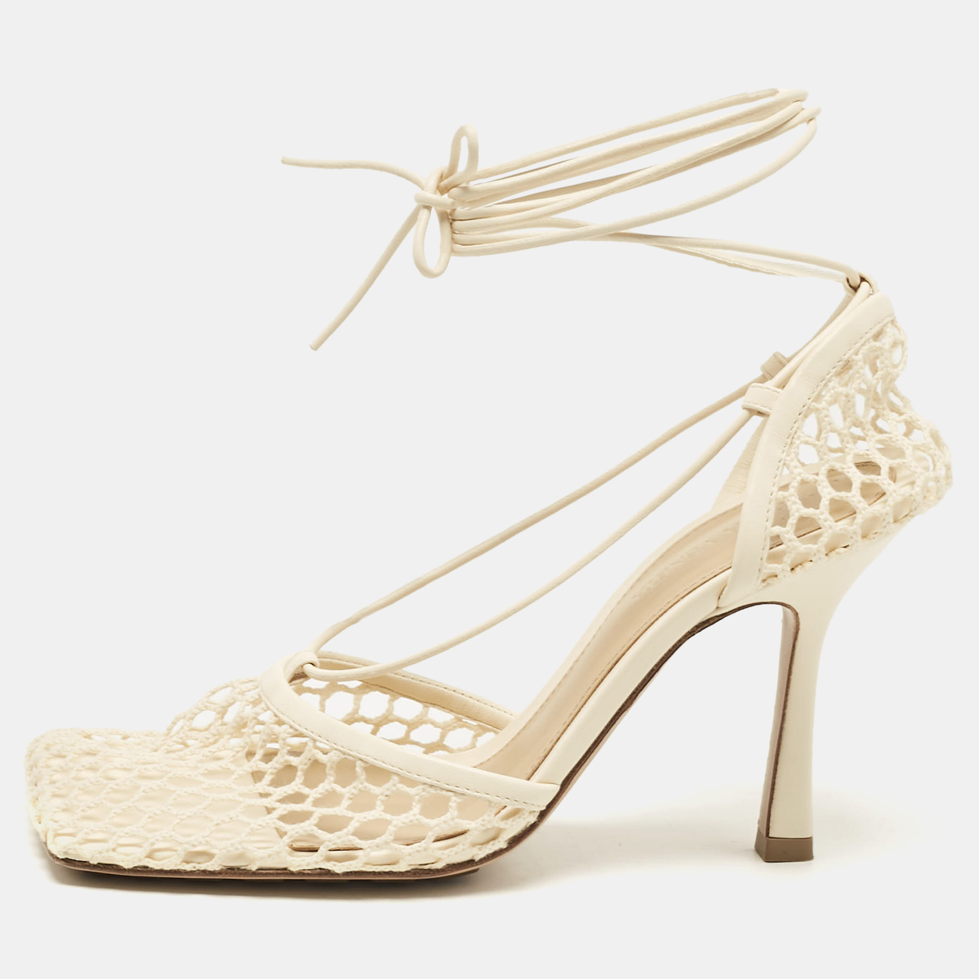 

Bottega Veneta Cream Leather and Mesh Stretch Ankle Strap Sandals Size