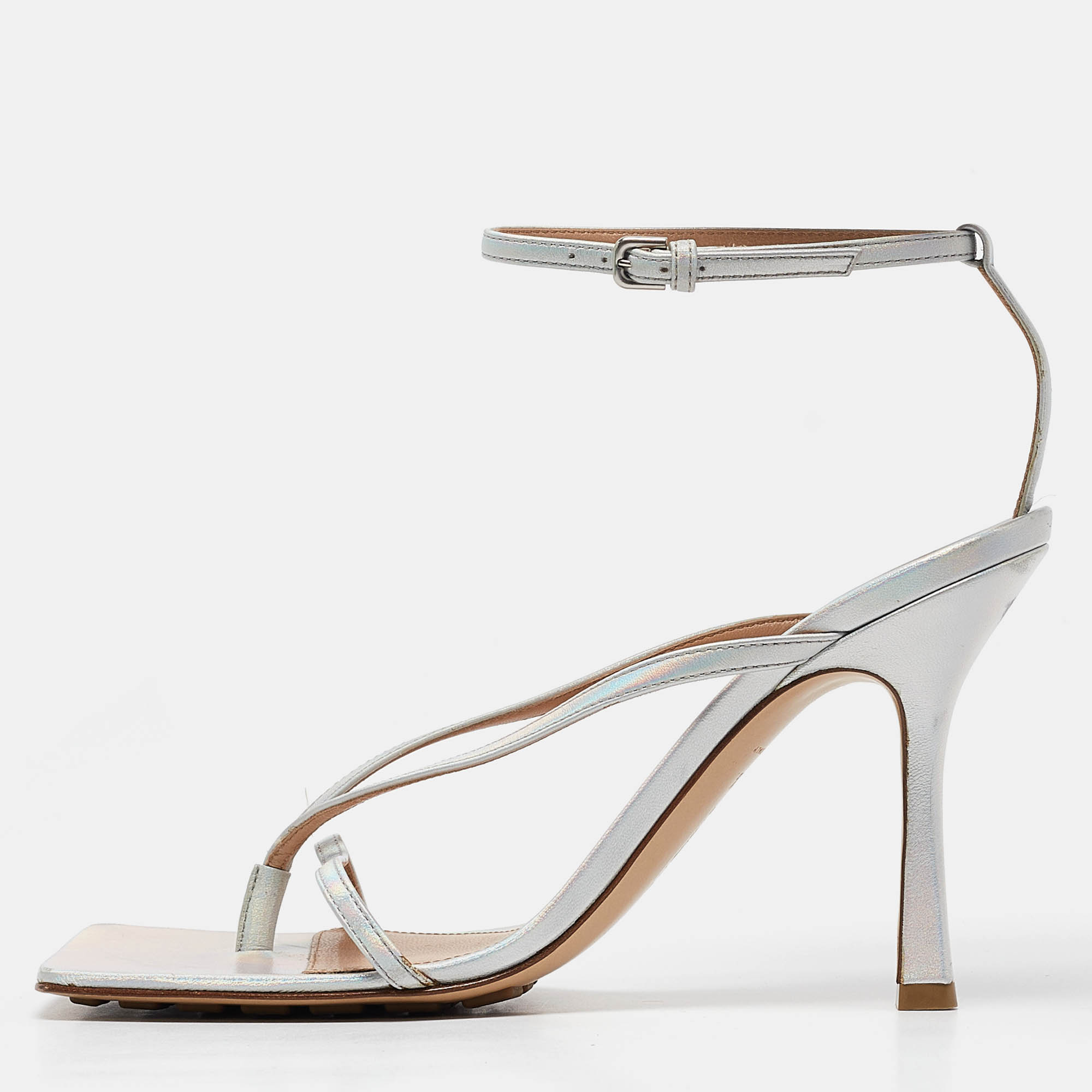 

Bottega Veneta Silver Leather Stretch Ankle Strap Sandals