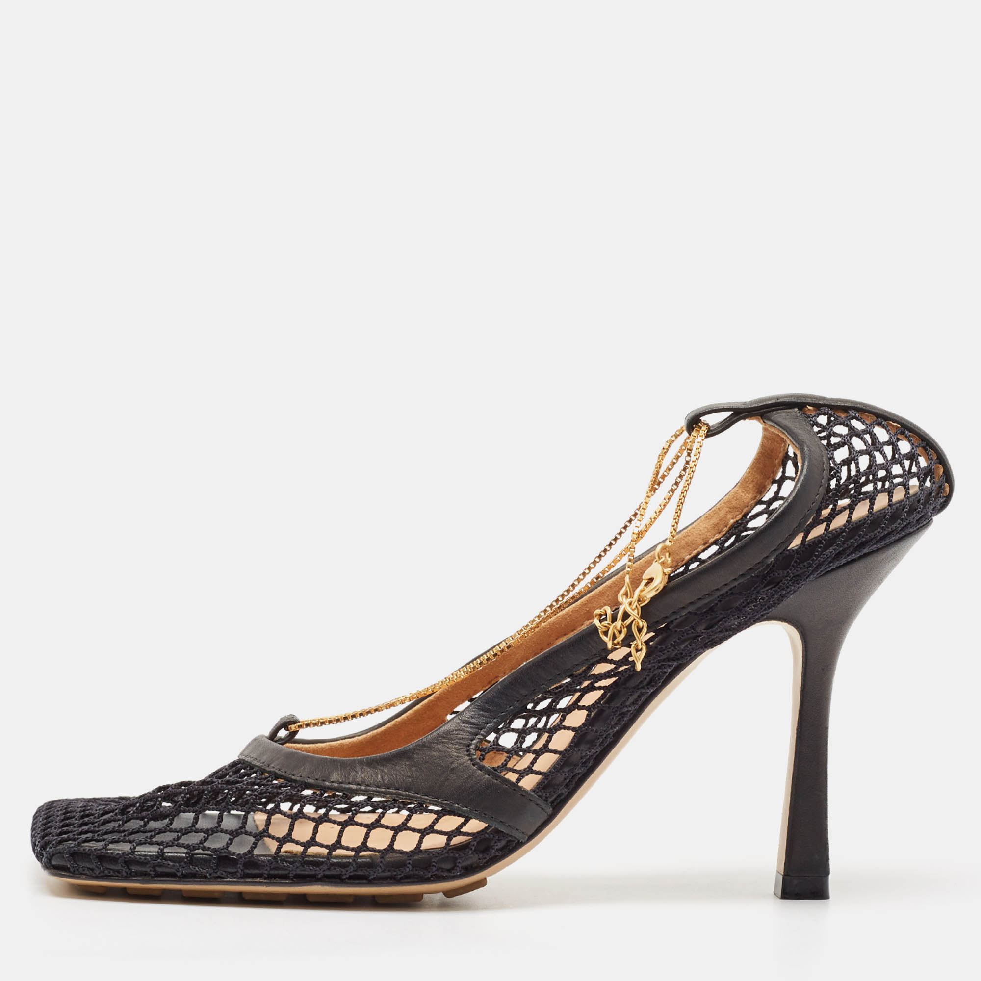 

Bottega Veneta Black Mesh and Leather Chain Detail Square Toe Pumps Size