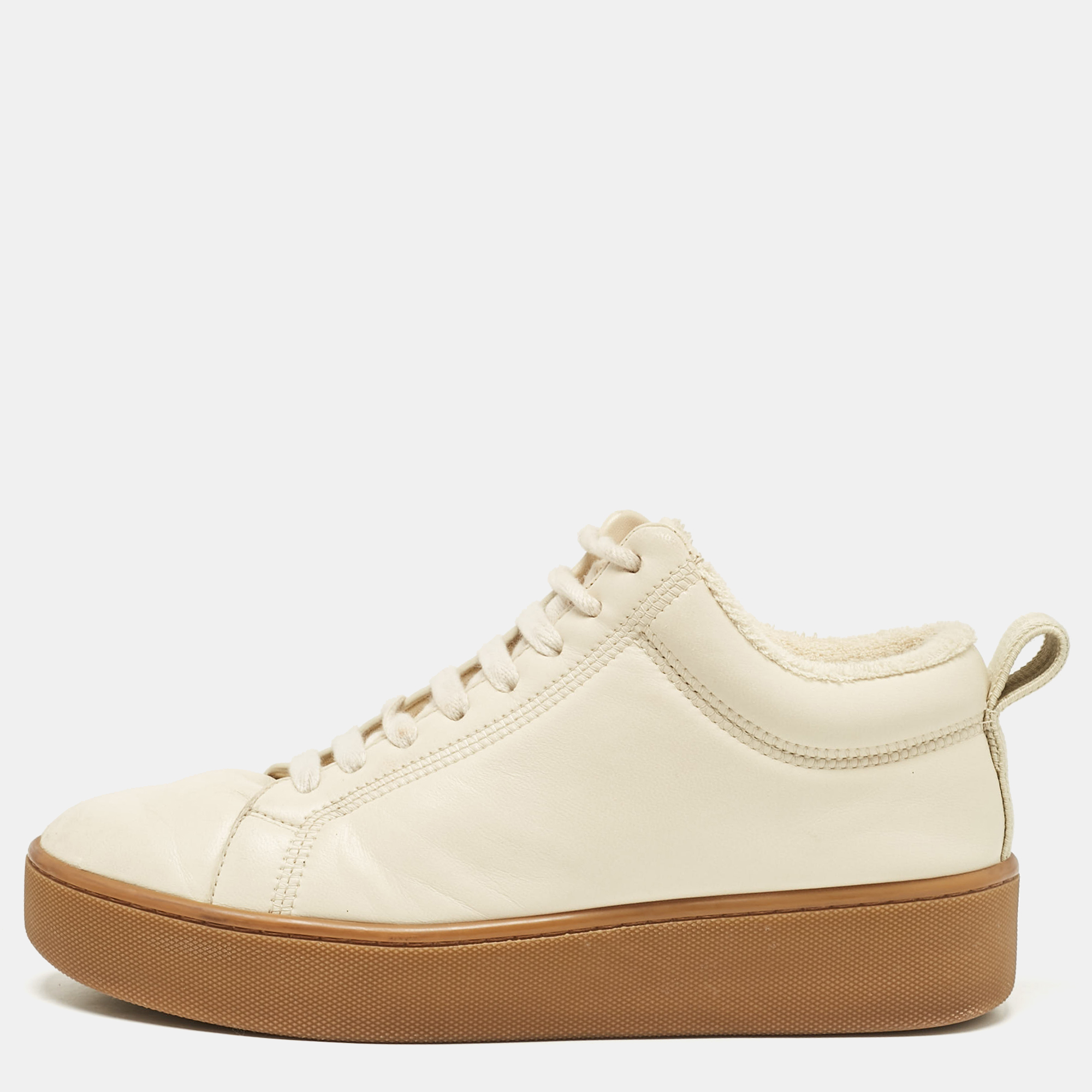 Pre-owned Bottega Veneta Cream Leather Lace Up Sneakers Size 37