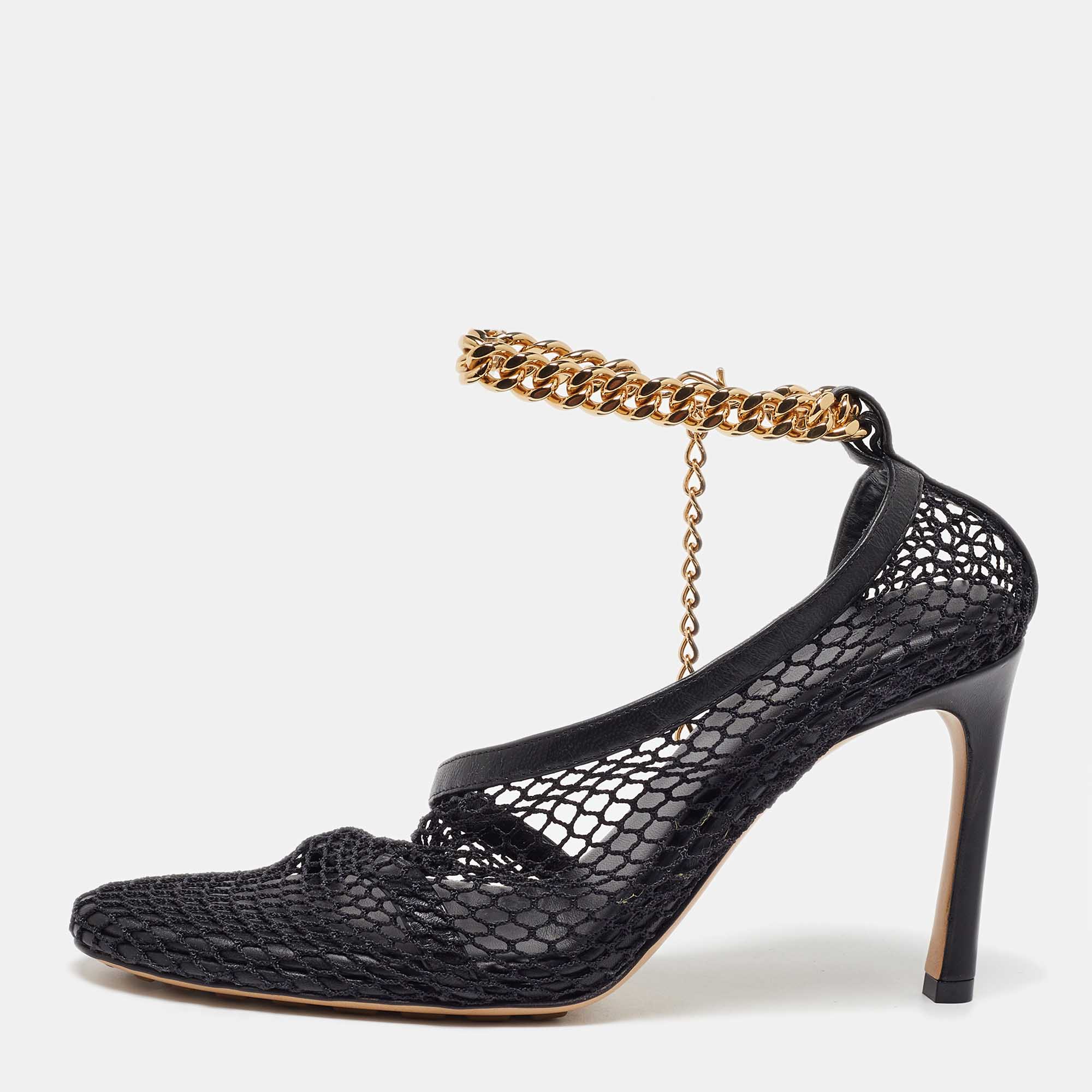 

Bottega Veneta Black Mesh and Leather Chain Link D'orsay Pumps Size