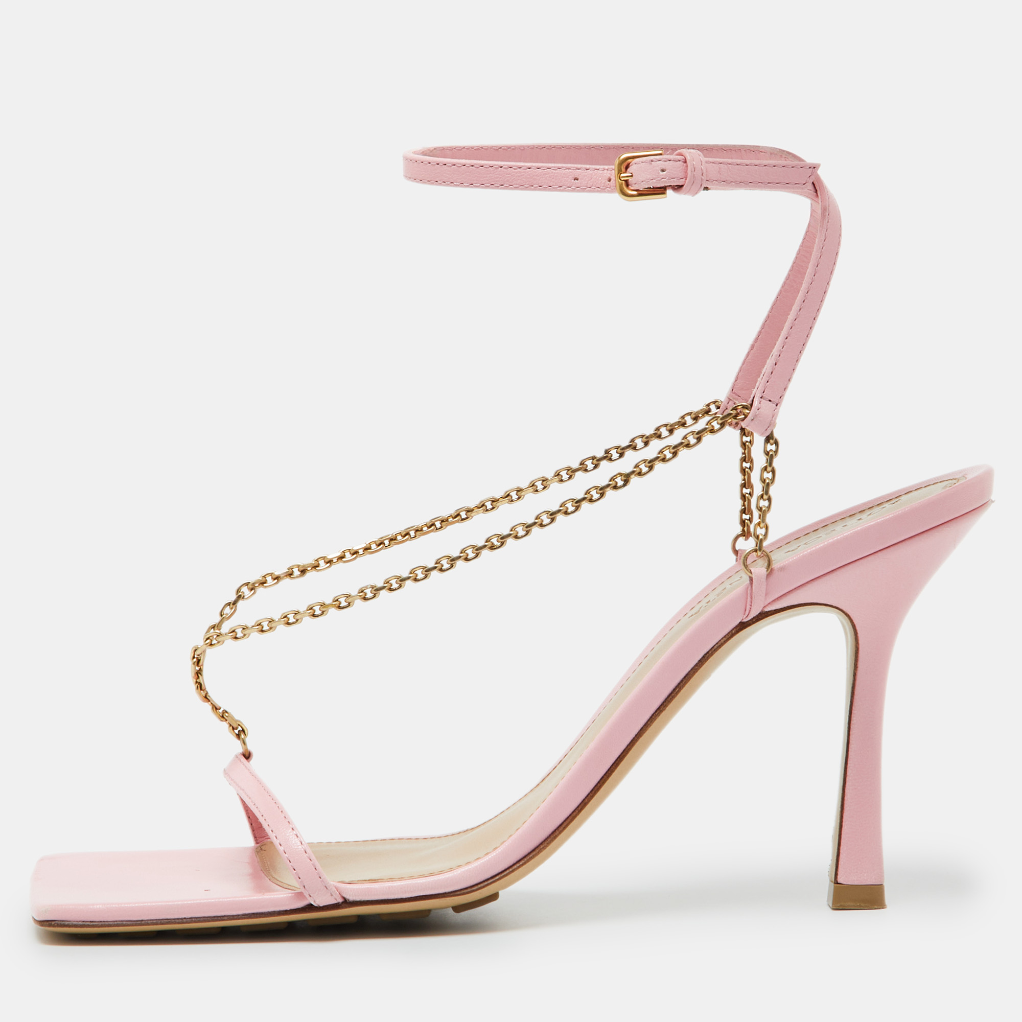 

Bottega Veneta Pink Leather Chain Link T Strap Sandals Size