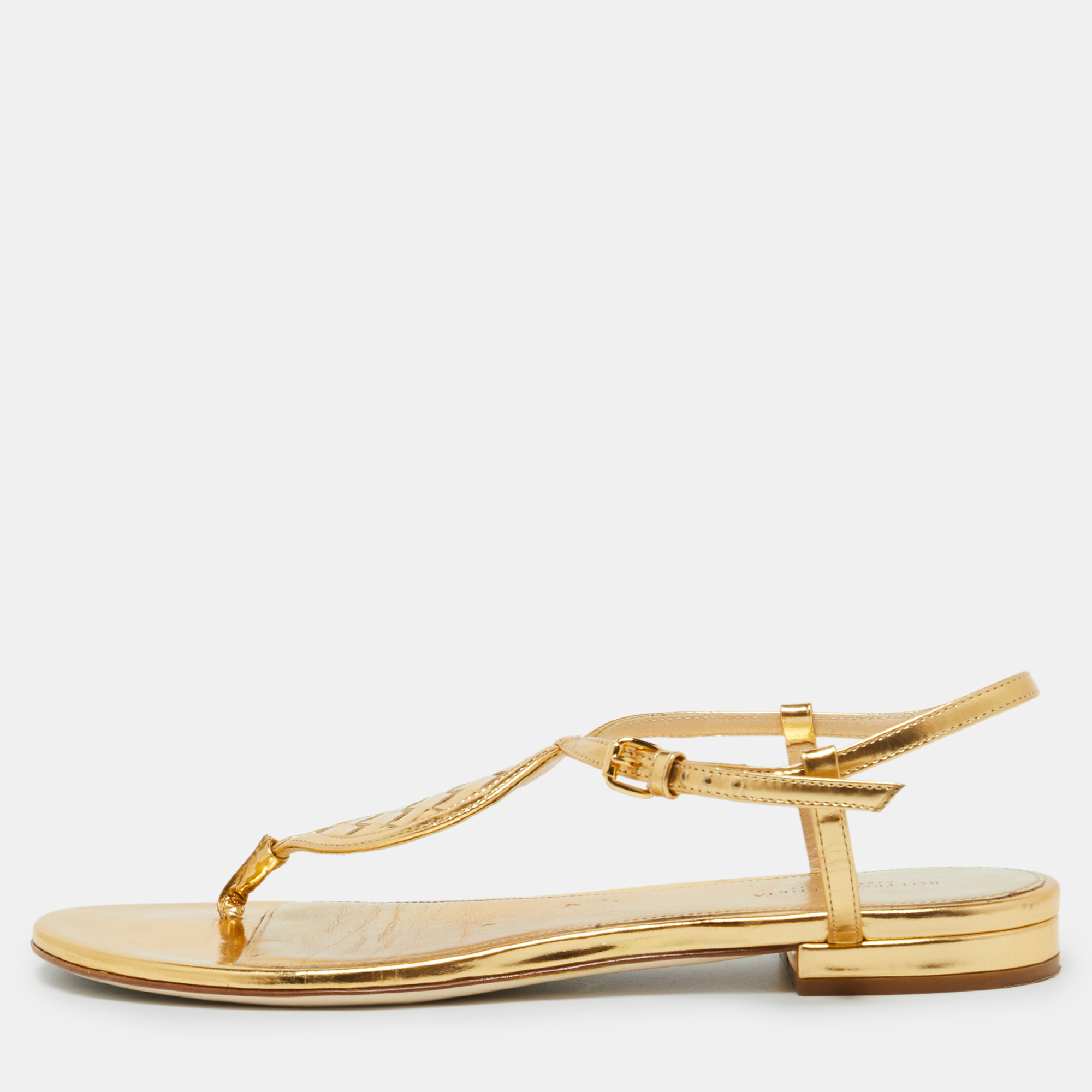 

Bottega Veneta Gold Leather Ankle Strap Flat Sandals Size