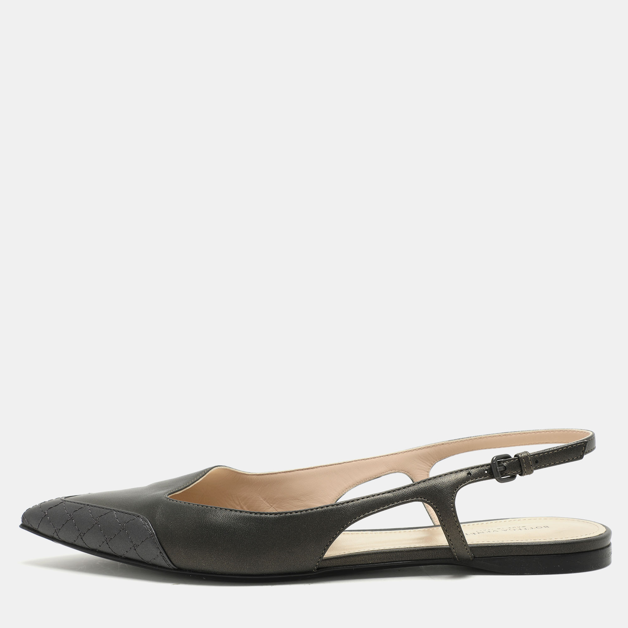 

Bottega Veneta Metallic Grey Leather Slingback Flats Size