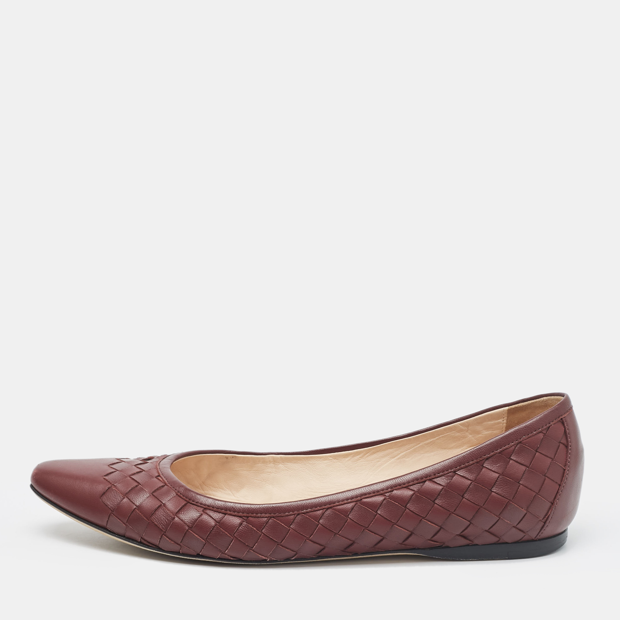 

Bottega Veneta Burgundy Intrecciato Leather Ballet Flats Size