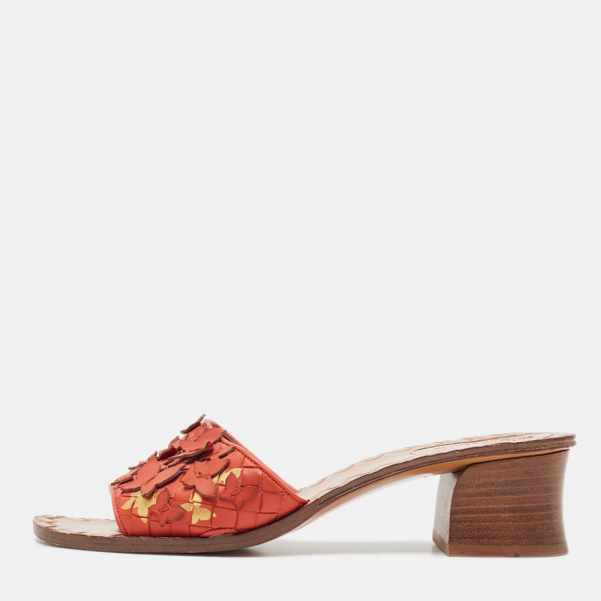 

Bottega Veneta Orange Intrecciato Leather Butterfly Applique Ravello Sandals Size