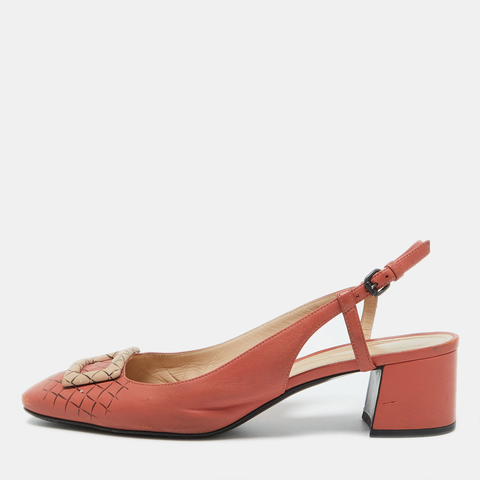 

Bottega Veneta Coral Pink Leather Block Heel Slingback Pumps Size