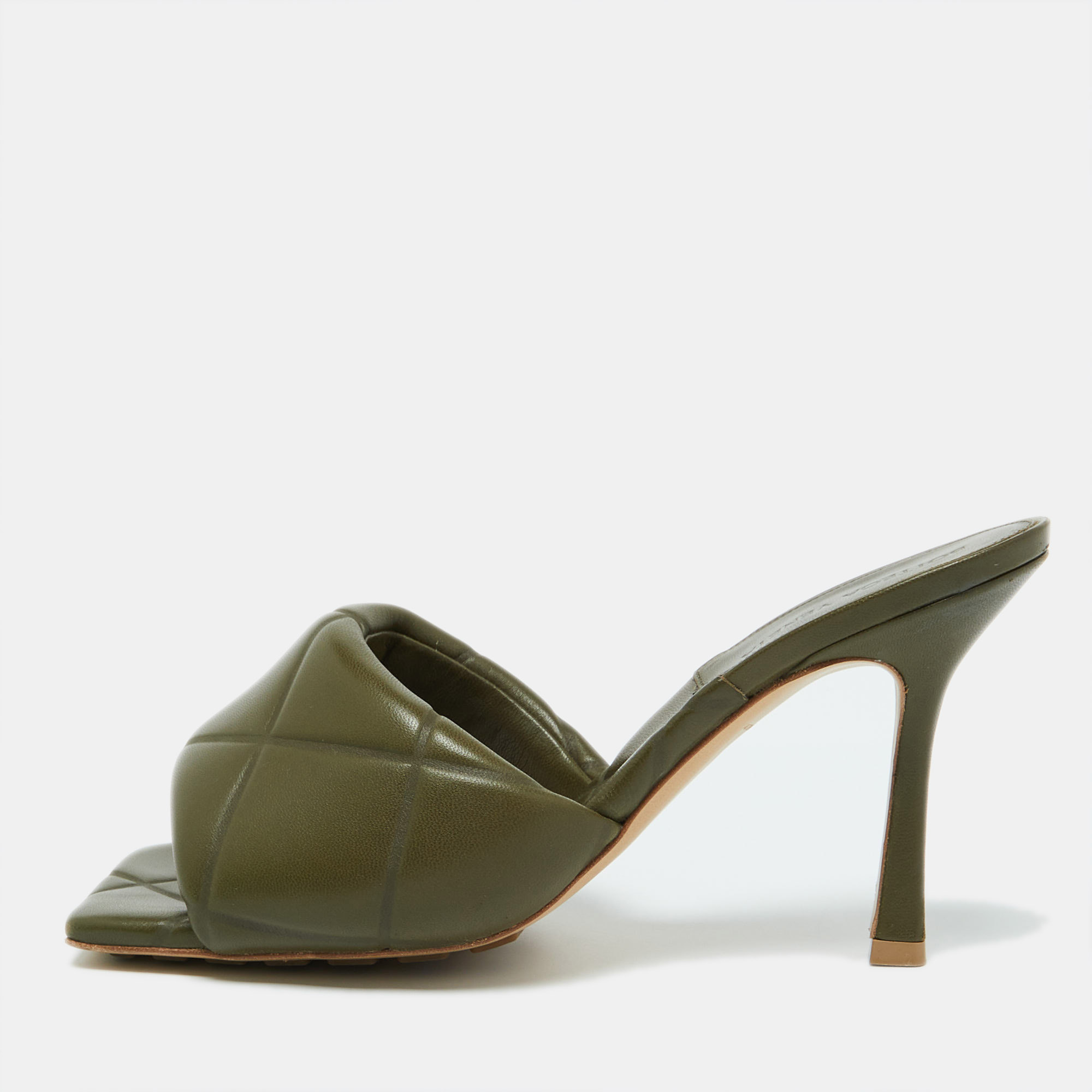 

Bottega Veneta Olive Green Leather Lido Open Toe Slide Sandals Size