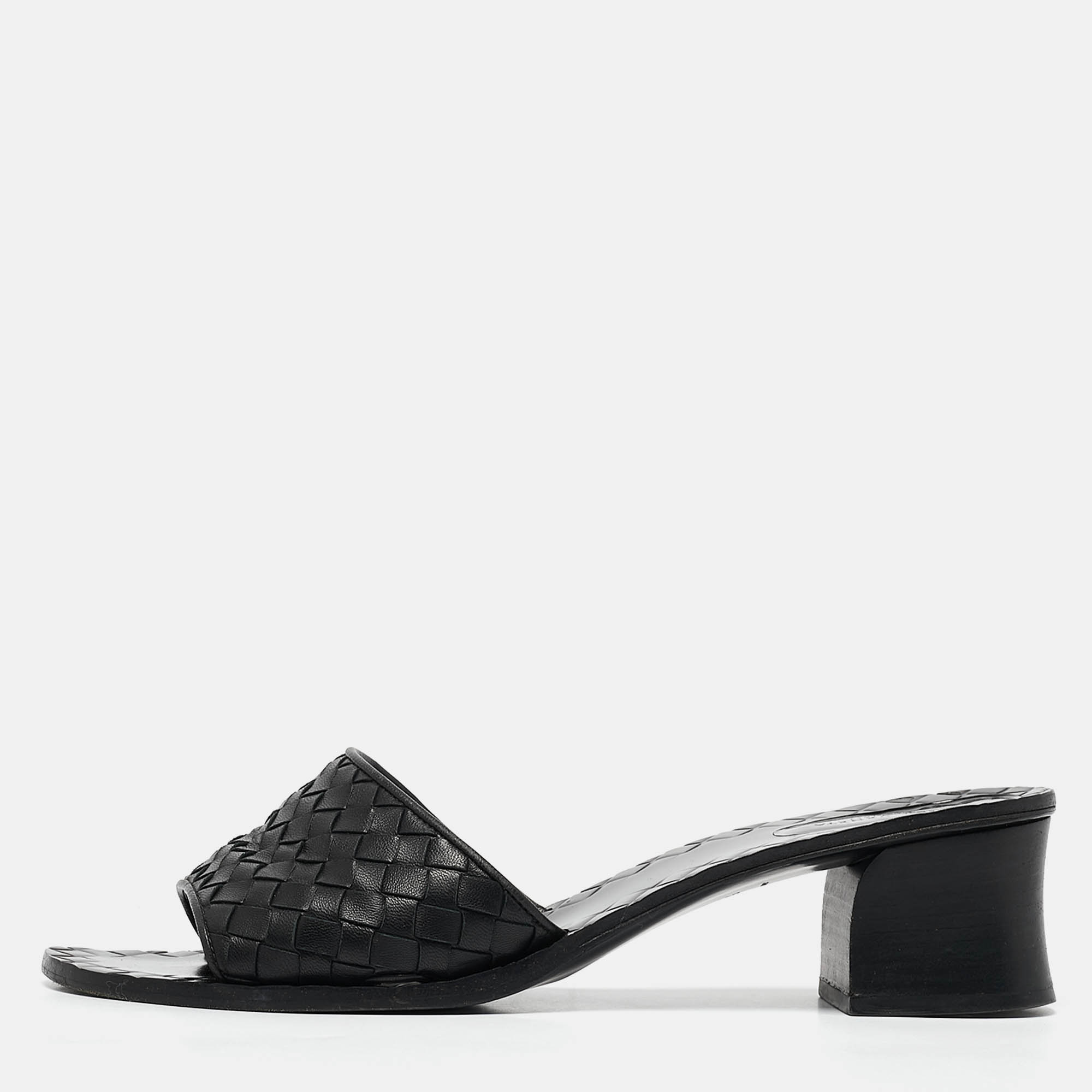 

Bottega Veneta Black Intrecciato Leather Slide Sandals Size