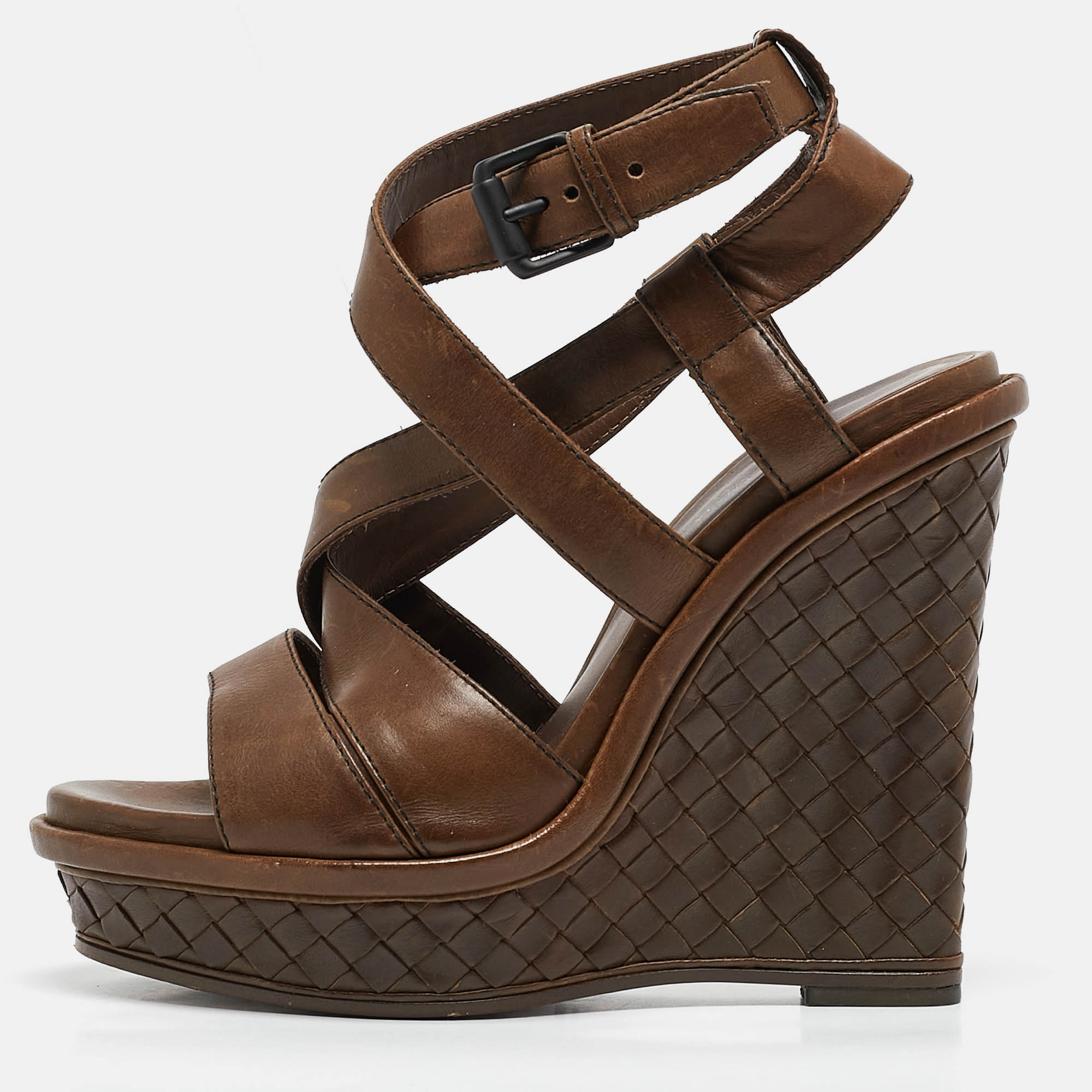 

Bottega Veneta Brown Intrecciato Leather Wedge Sandals Size