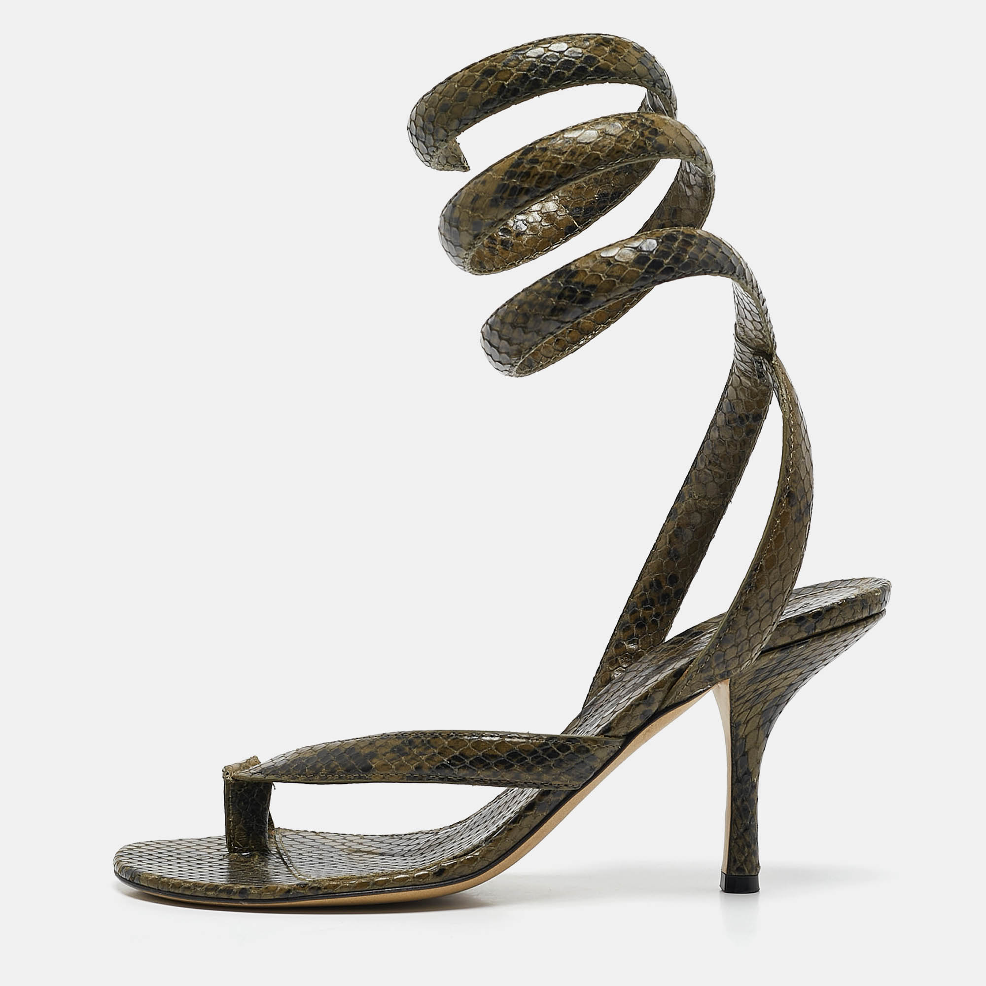 

Bottega Veneta Green Python Embossed Leather Spiral Sandals Size