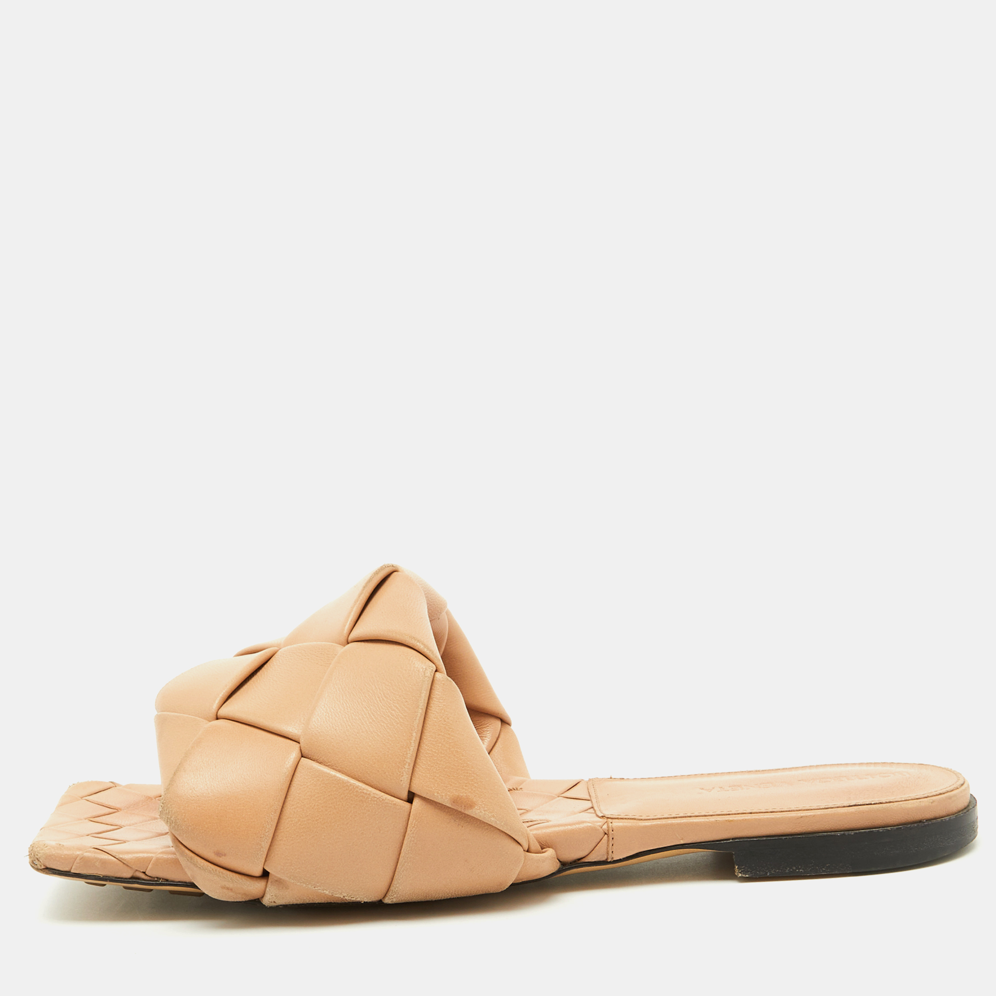 

Bottega Veneta Light Brown Leather Lido Flat Slide Sandals Size