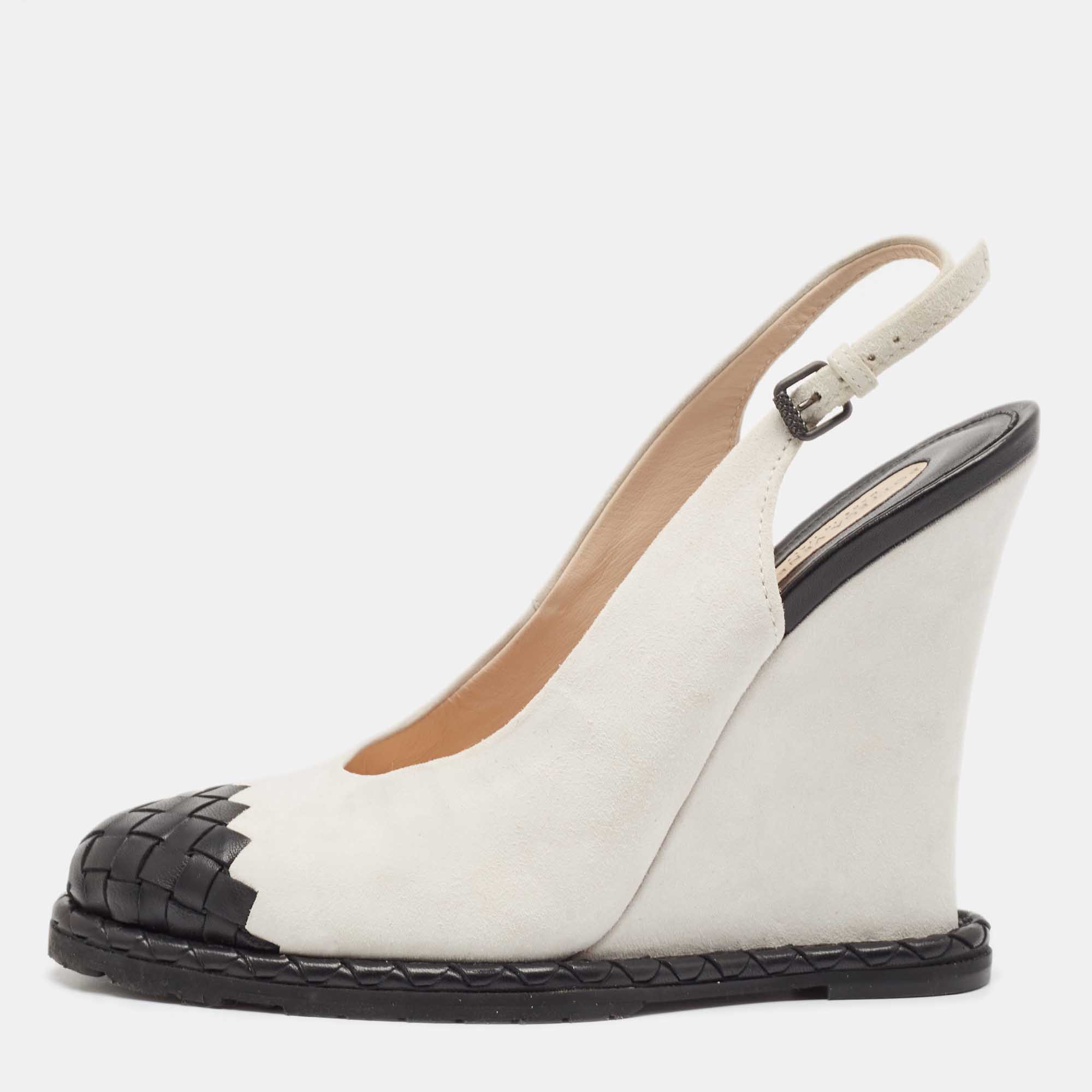 

Bottega Veneta White/Black Intrecciato Suede and Leather Espadrille Wedge Sandals Size