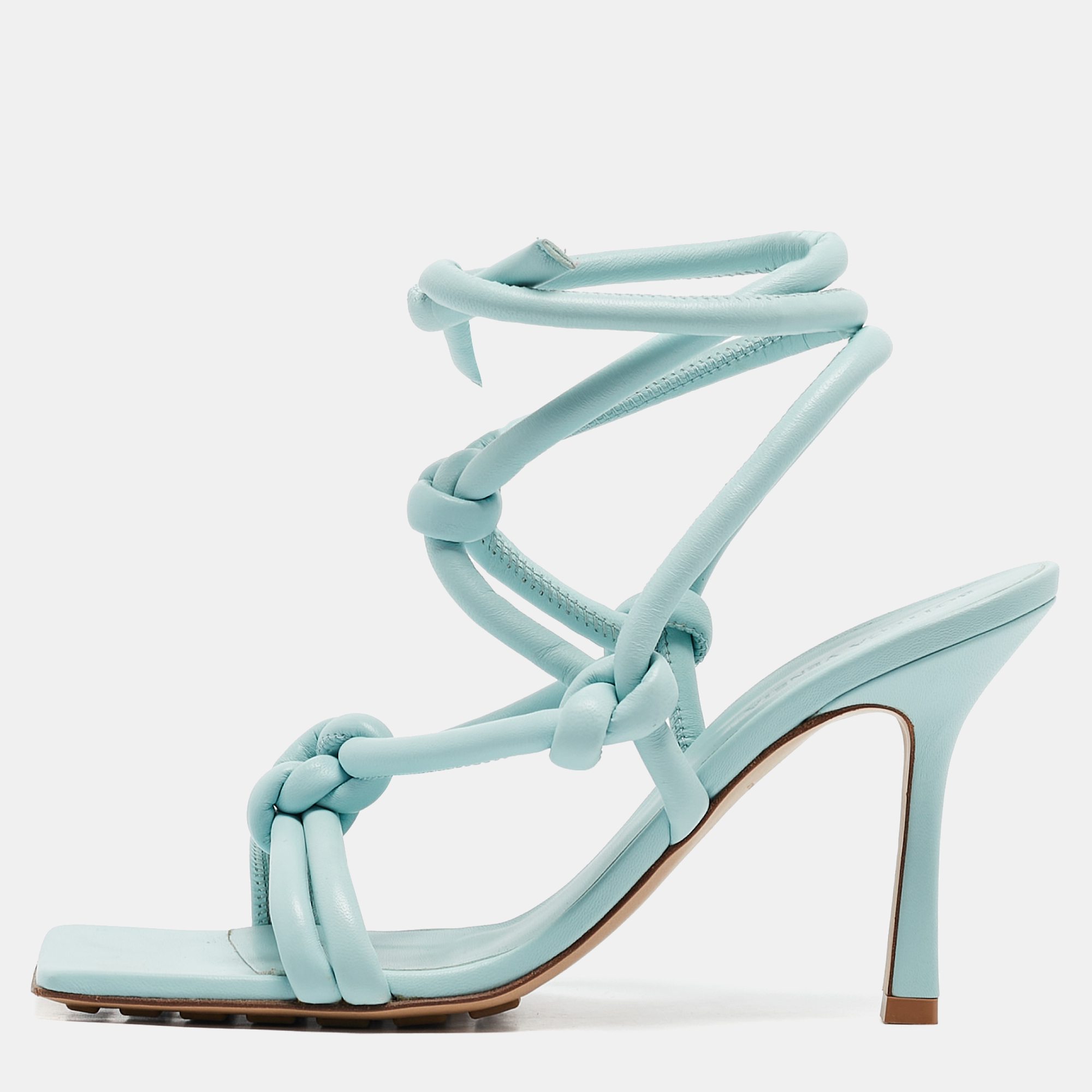 

Bottega Veneta Blue Knotted Leather Ankle Strap Sandals Size