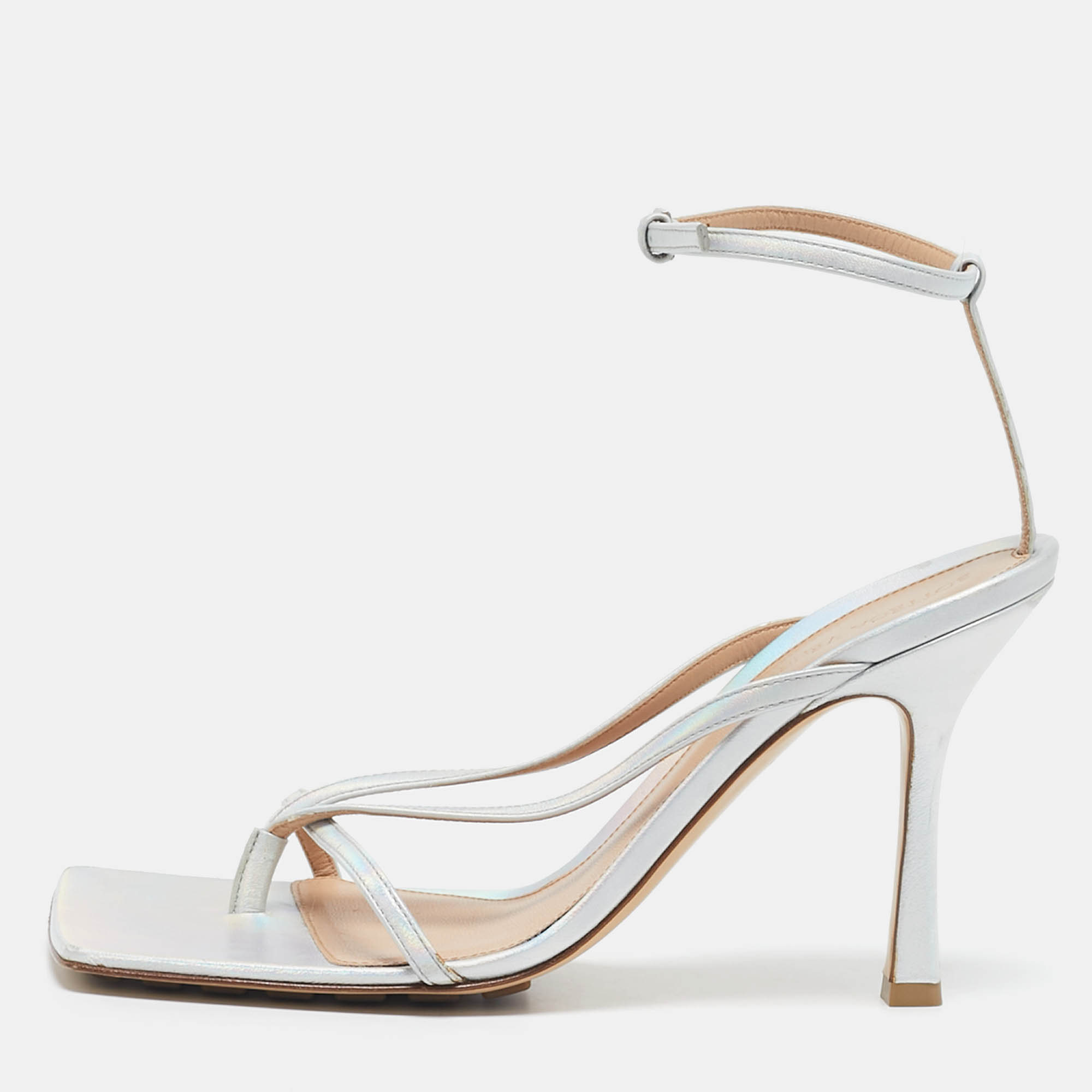 

Bottega Veneta Silver Iridescent Leather Stretch Ankle Strap Sandals Size