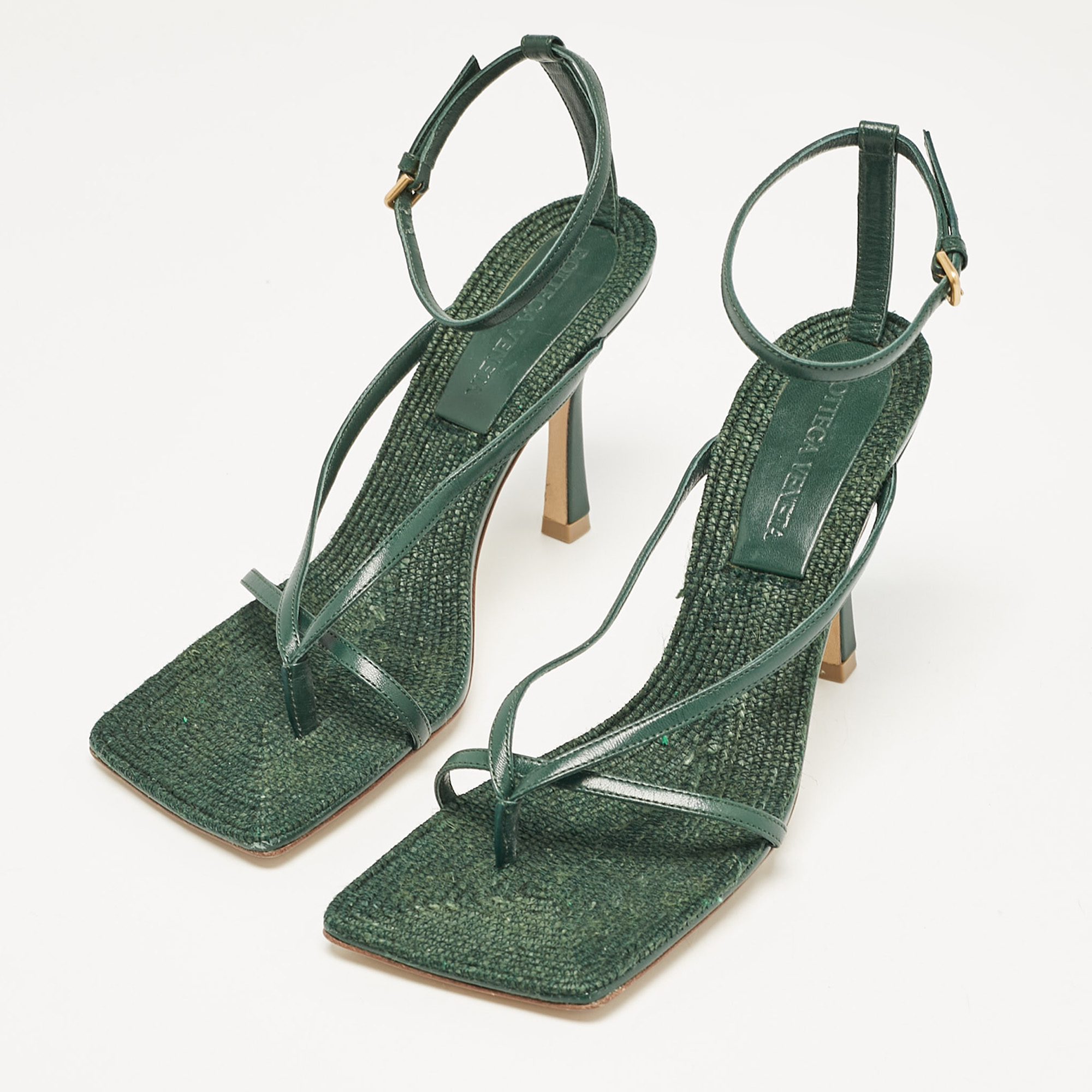 Bottega Veneta Green Leather Stretch Ankle Strap Sandals Size 37 